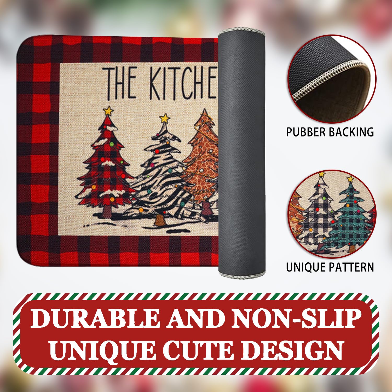 Buffalo Plaid Christmas Tree Merry Christmas Kitchen Mats Set Of 2, Xmas Winter Home Decor Low-Profile Kitchen Rugs For Floor,Red Christmas Kitchen Mats For Floor 17X30+ 17X47 Inch