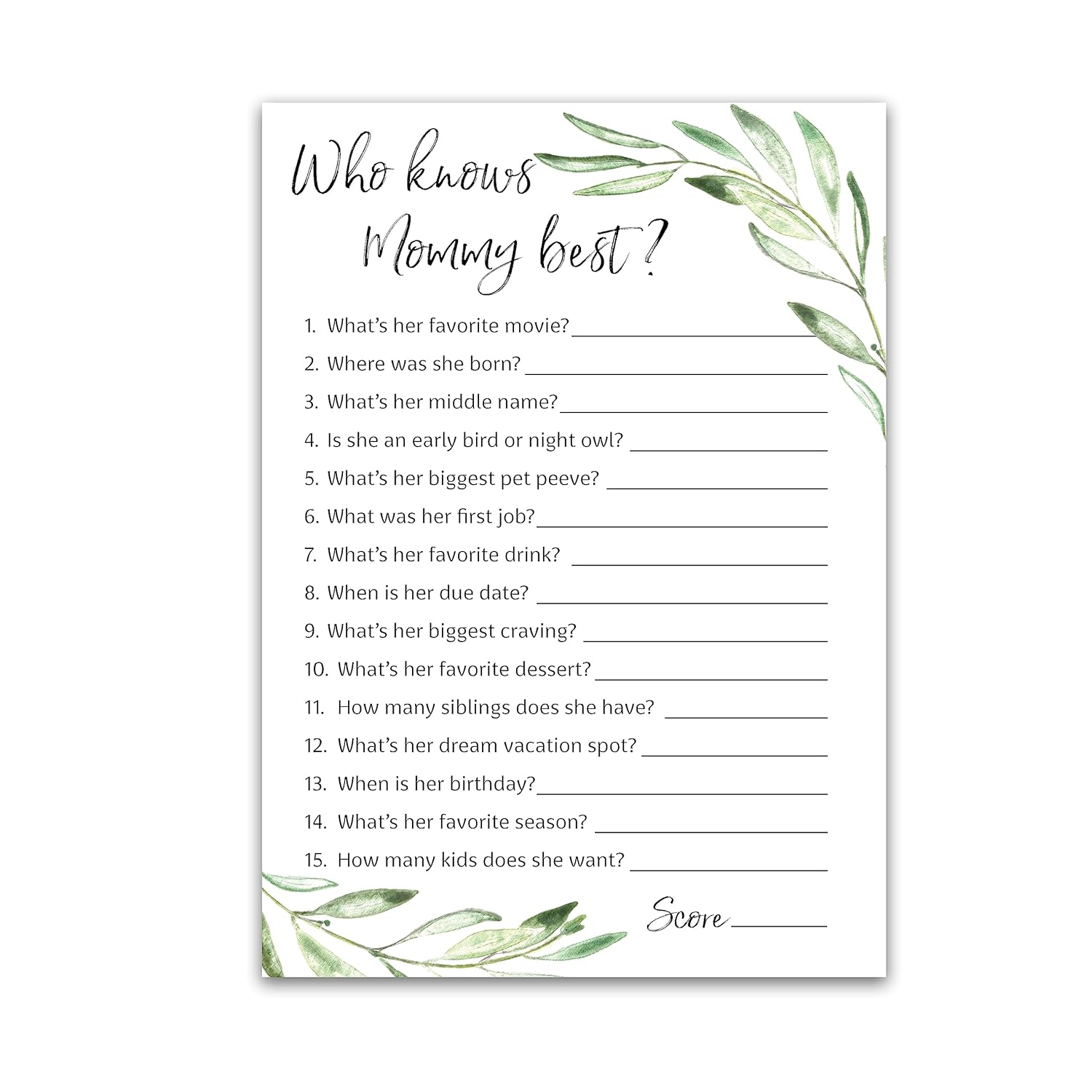 Greenery Baby Shower Games Who Knows Mommy Best - Pack Of 25 - Gender Neutral Baby Shower Game New Parent Couples Coed Reveal Fun Guessing Game Mom To-Be Green Olive Branch Shower Activity G320-Wkm