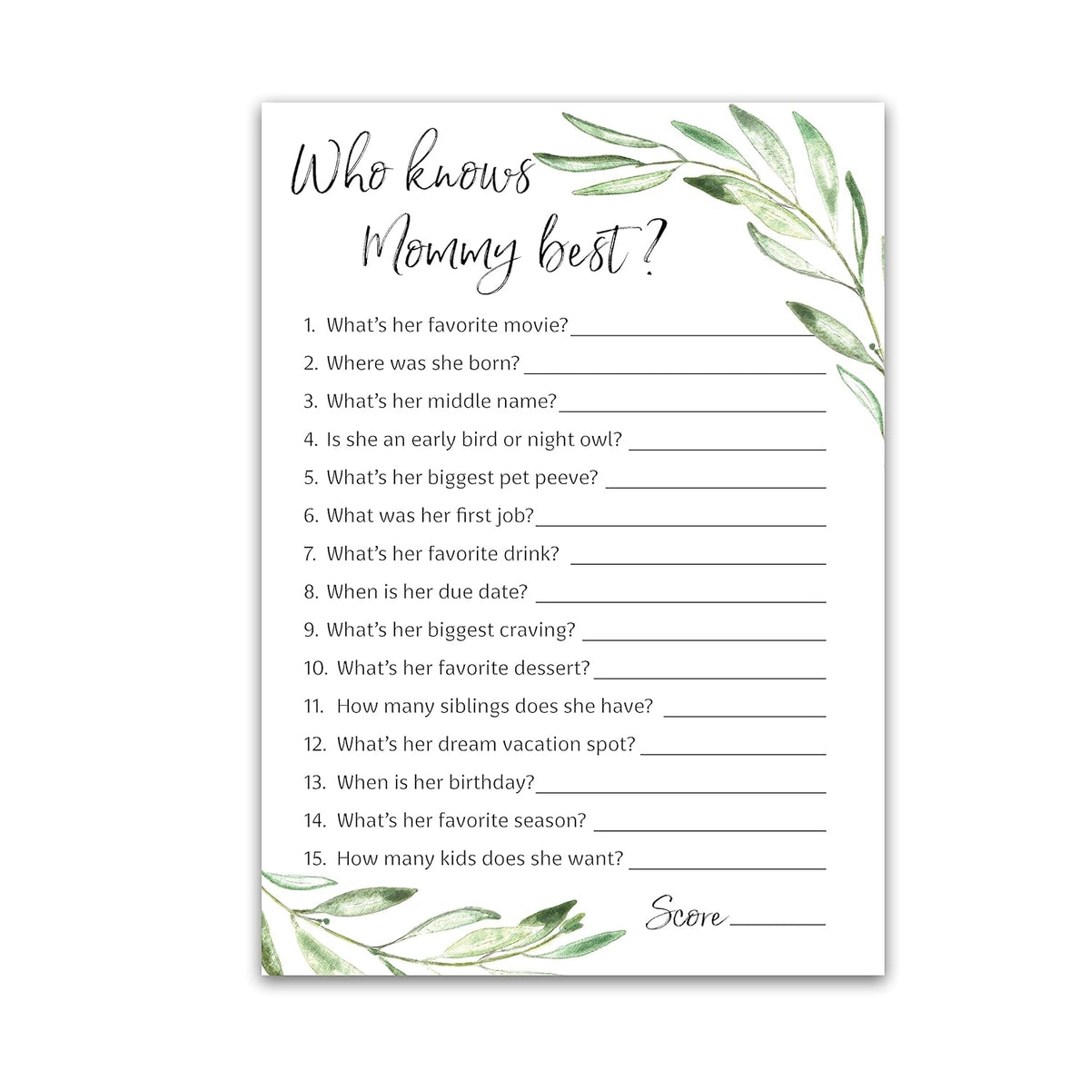 Greenery Baby Shower Games Who Knows Mommy Best - Pack Of 25 - Gender Neutral Baby Shower Game New Parent Couples Coed Reveal Fun Guessing Game Mom To-Be Green Olive Branch Shower Activity G320-Wkm