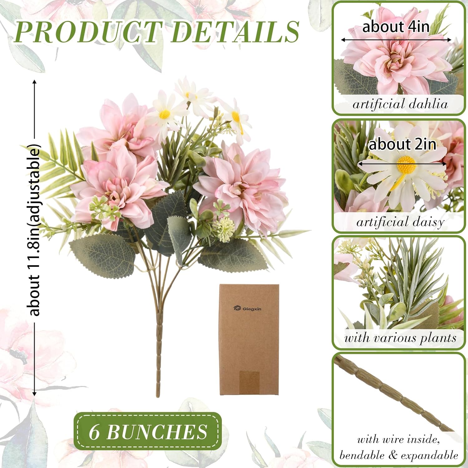 6 Bundles Artificial Dahlia Flowers Bouquets With Daisies Silk Flowers Artificial With Stems Floral Arrangements Faux Dahlias For Home Wedding Party Office Decor (Pink)
