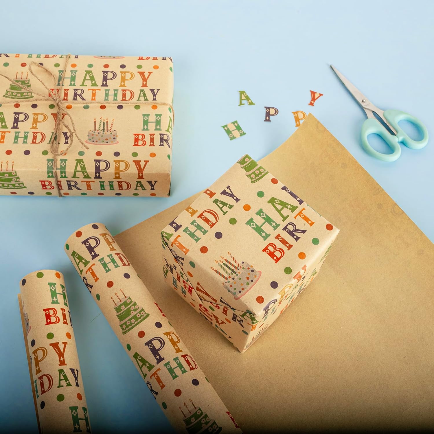 Kraft Birthday Wrapping Paper Roll For Kids Boys Girls - Colorful Cake Happy Birthday Lettering And Dot Design Gift Wrap For Birthday Holiday Party Baby Shower(Total 28.5Sq.Ft)