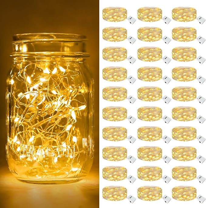 30 Pack Battery Operated Fairy Lights 7FT 20 LED Warm White Mini String Lights 3 Modes Waterproof for Mason Jars Wedding Decor