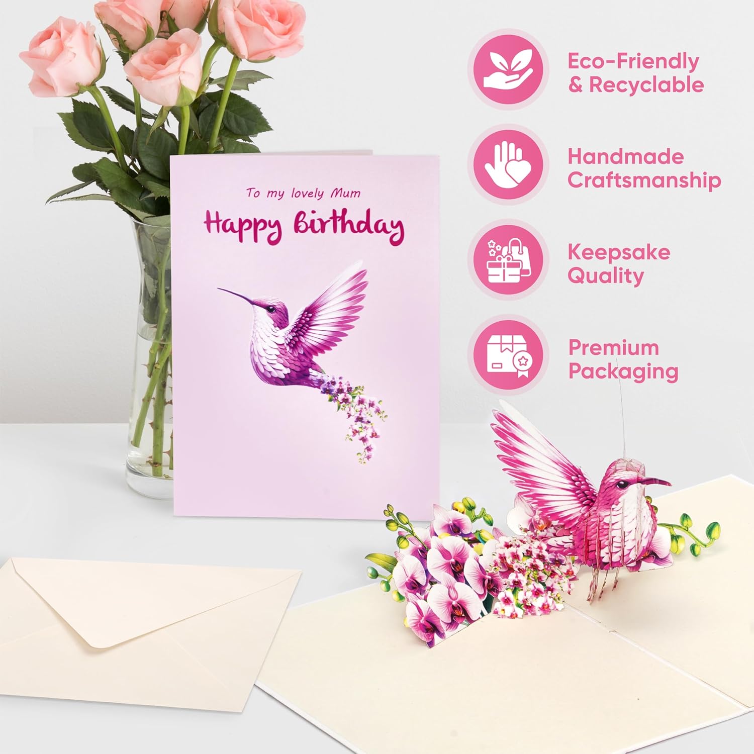 3D Pop-Up Card - Unique Design Pop Up Birthday Card For Women, Daughter, Sister - Mothers Day Card For Mom - A Thoughtful Expression Of Fondness Or Love (Hummingbird)