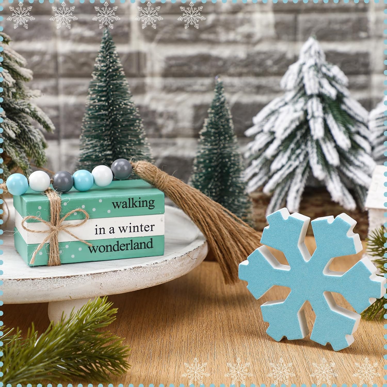 5 Pcs Winter Decor For Home Office Snowflake Wood Sign Blue White Snowflake Table Centerpiece Faux Books Bundle With Twine Beads String For Winter Decorations Wonderland Tiered Tray Decor