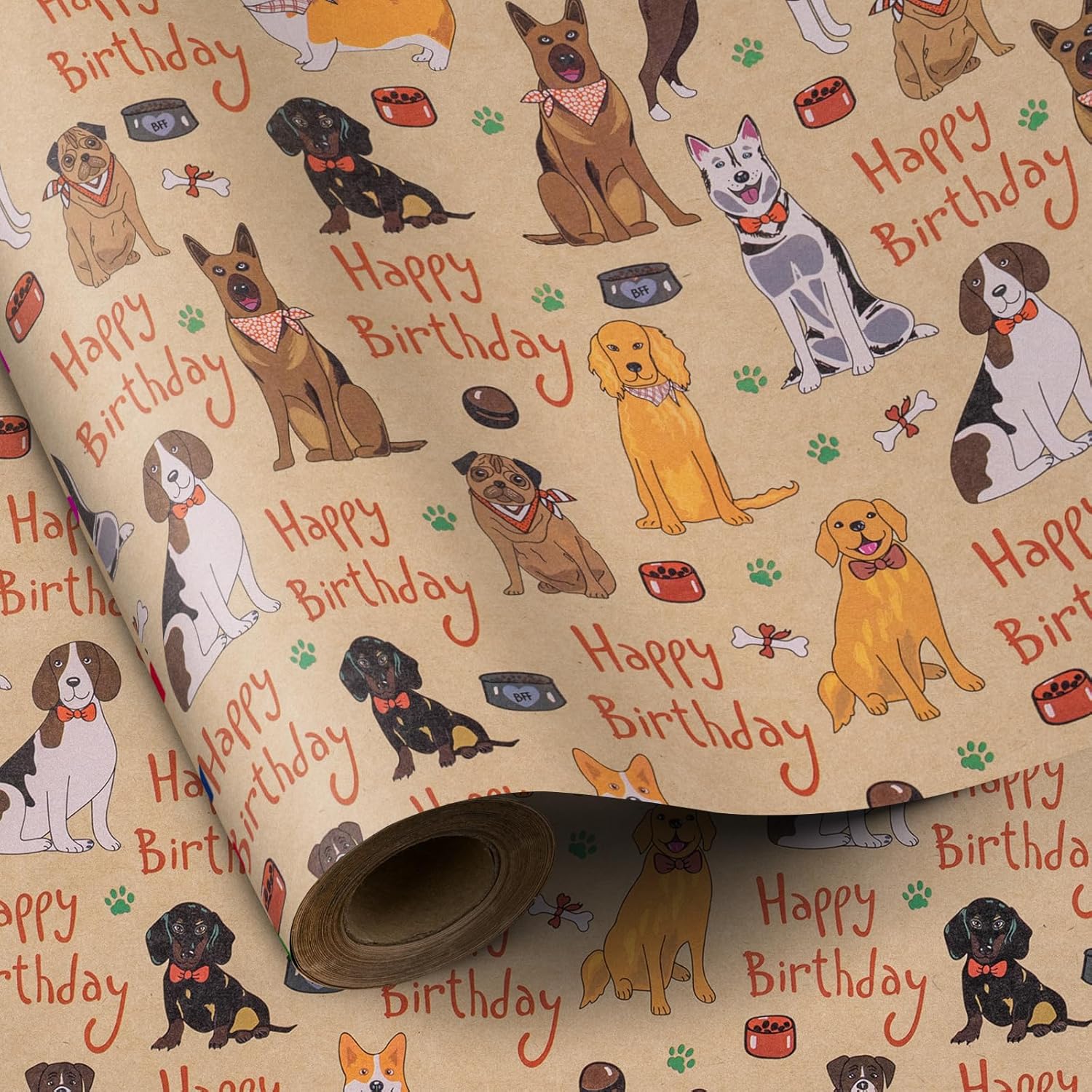 Dog Kraft Wrapping Paper Roll, Mini Roll, Happy Birthday Dogs Design Great For Kids, Boys Birthday Party And More, 17 Inches X 16.5 Feet