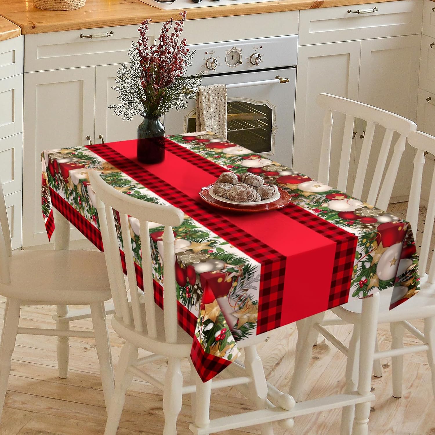 3 Pcs Christmas Tablecloth, 54 X 108 Inch Rectangular Oversize Christmas Ball Tablecloth Set Xmas Ornaments Red Buffalo Plaid Plastic Table Cover For Party Picnic Dinner Kitchen Decor