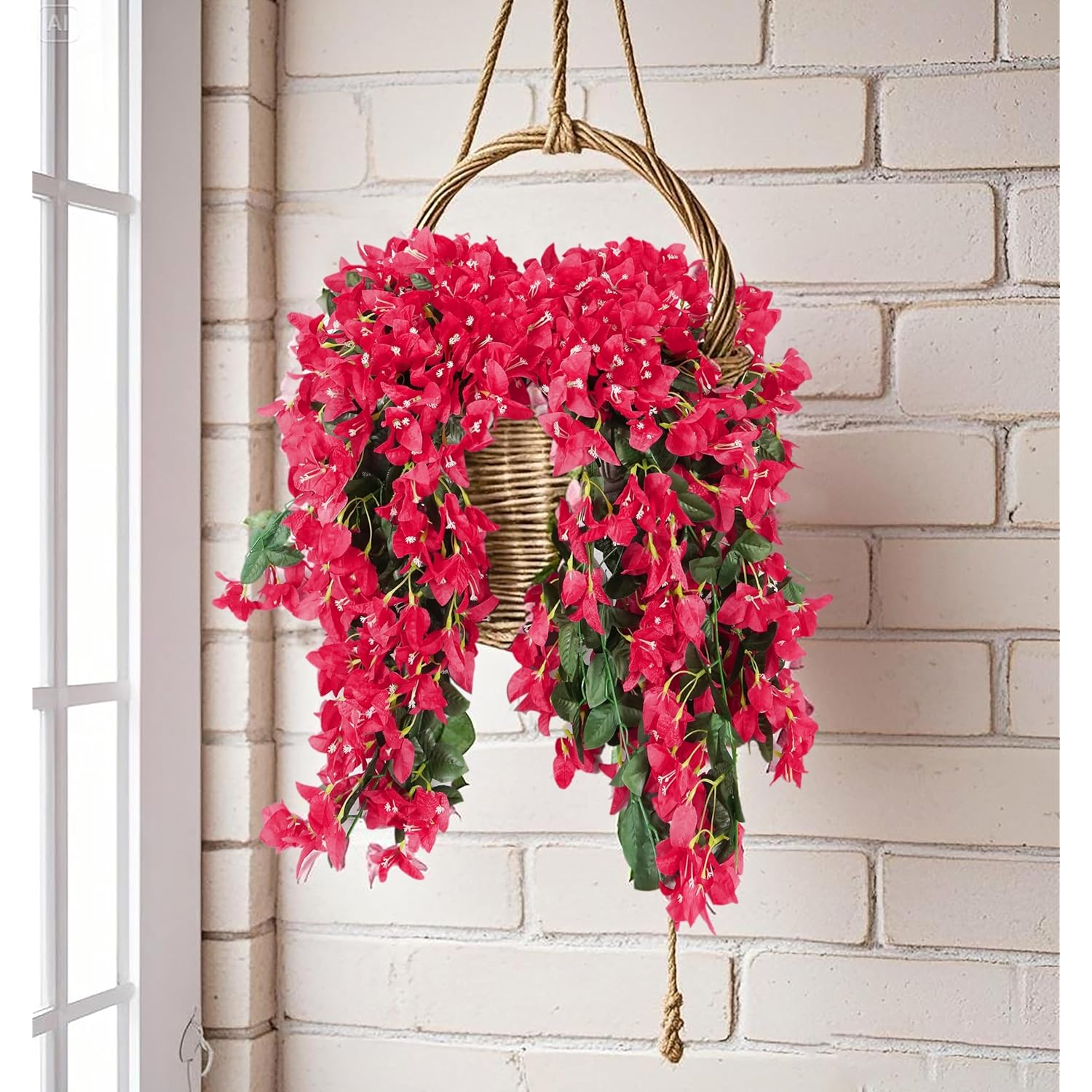 Bougainvillea Artificial Flowers Outdoor Decor – 2Pcs Faux Silk Vines, Uv Resistant Bougainvillea Hanging Garland For Front Porch, Balcony, Planter, Summer Decorations, Red