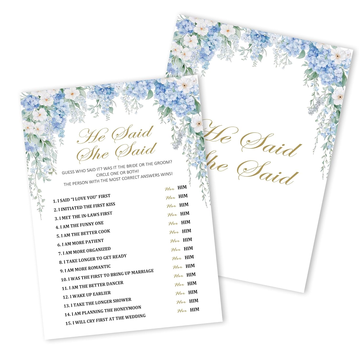 Bridal Shower Games, Blue Hydrangea Wildflowers Wedding Party Decorations Supplies, He Said She Said Game Cards For Spring Bachelorette Engagement Wedding Party, Minimalist, 11
