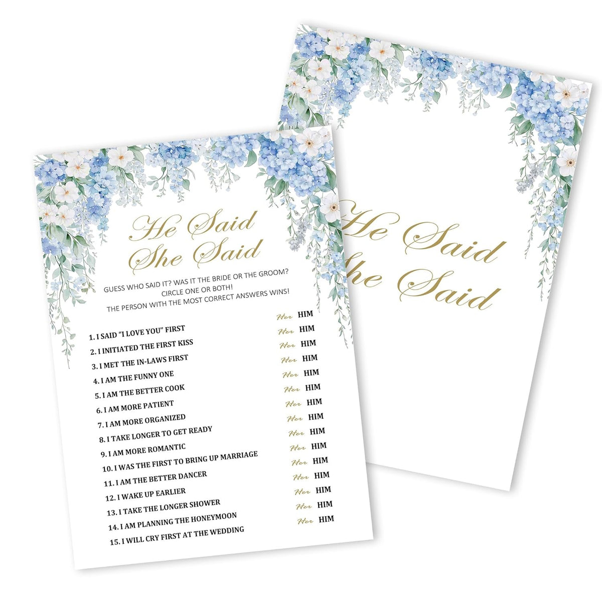 Bridal Shower Games, Blue Hydrangea Wildflowers Wedding Party Decorations Supplies, He Said She Said Game Cards For Spring Bachelorette Engagement Wedding Party, Minimalist, 11