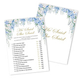 Bridal Shower Games, Blue Hydrangea Wildflowers Wedding Party Decorations Supplies, He Said She Said Game Cards For Spring Bachelorette Engagement Wedding Party, Minimalist, 11