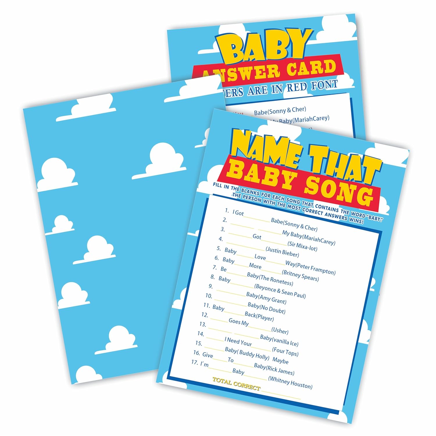 Baby Shower Name That Baby Song Game Cards, Sky & Clouds Theme - 5 X 7 Inches Double-Sided Fill In Game Cards 30 Cards & 1 Answer Card, Party Favor & Supplies-A04