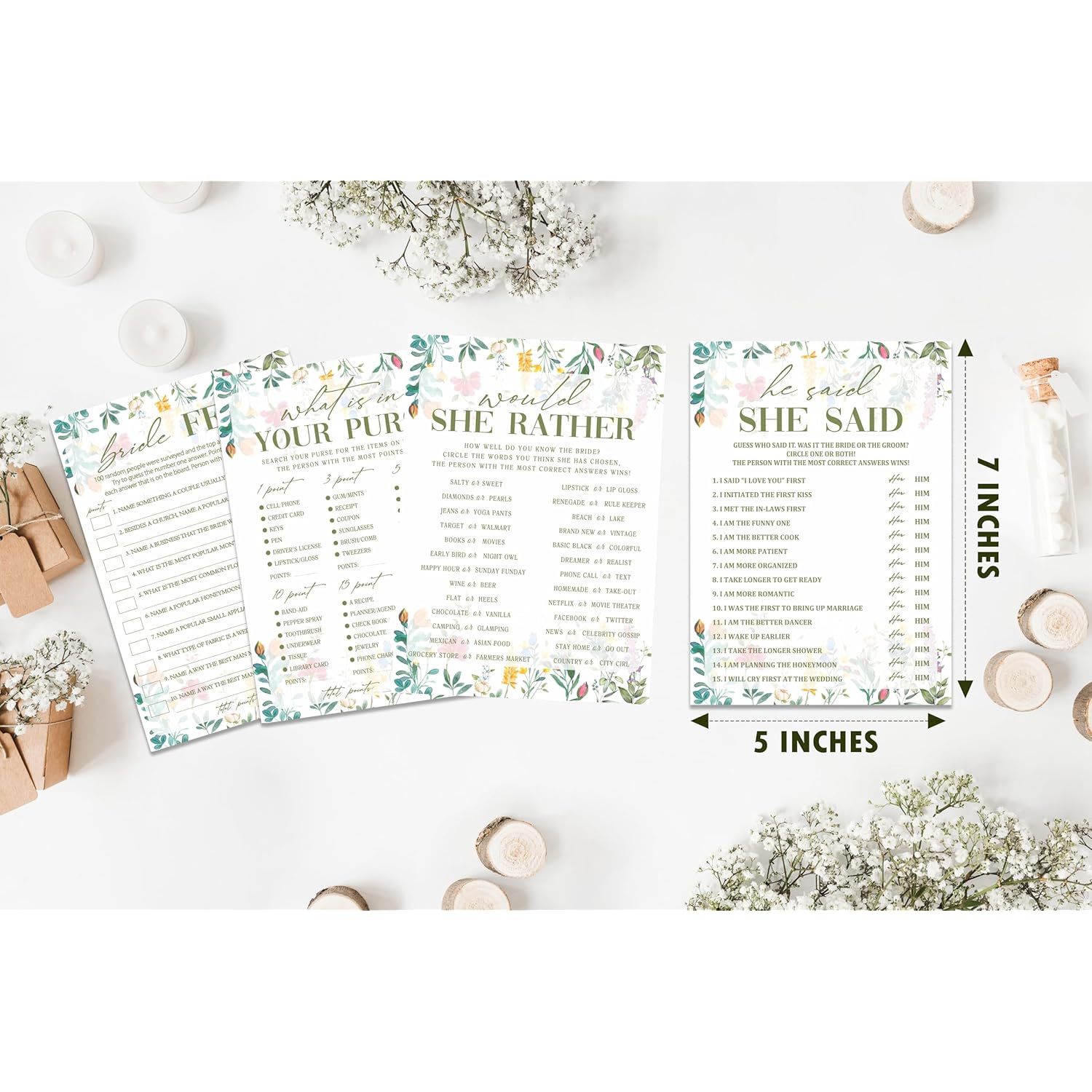 Wildflower Bridal Shower Games Set, 4 Games Includes He Said She Said, Would She Rather, What Is In Your Purse, Bride Feud, 50 Double-Sided Cards, Wedding Party Supplies -02