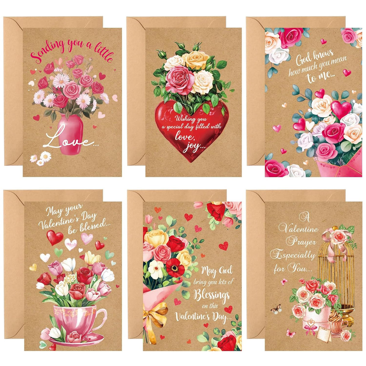 120 Pcs Religious Valentines Day Cards With Envelopes And Stickers Jesus Valentines Christian Greeting Cards Bulk Assorted Blossom Heartfelt For Adults Anniversary Party (Kraft)