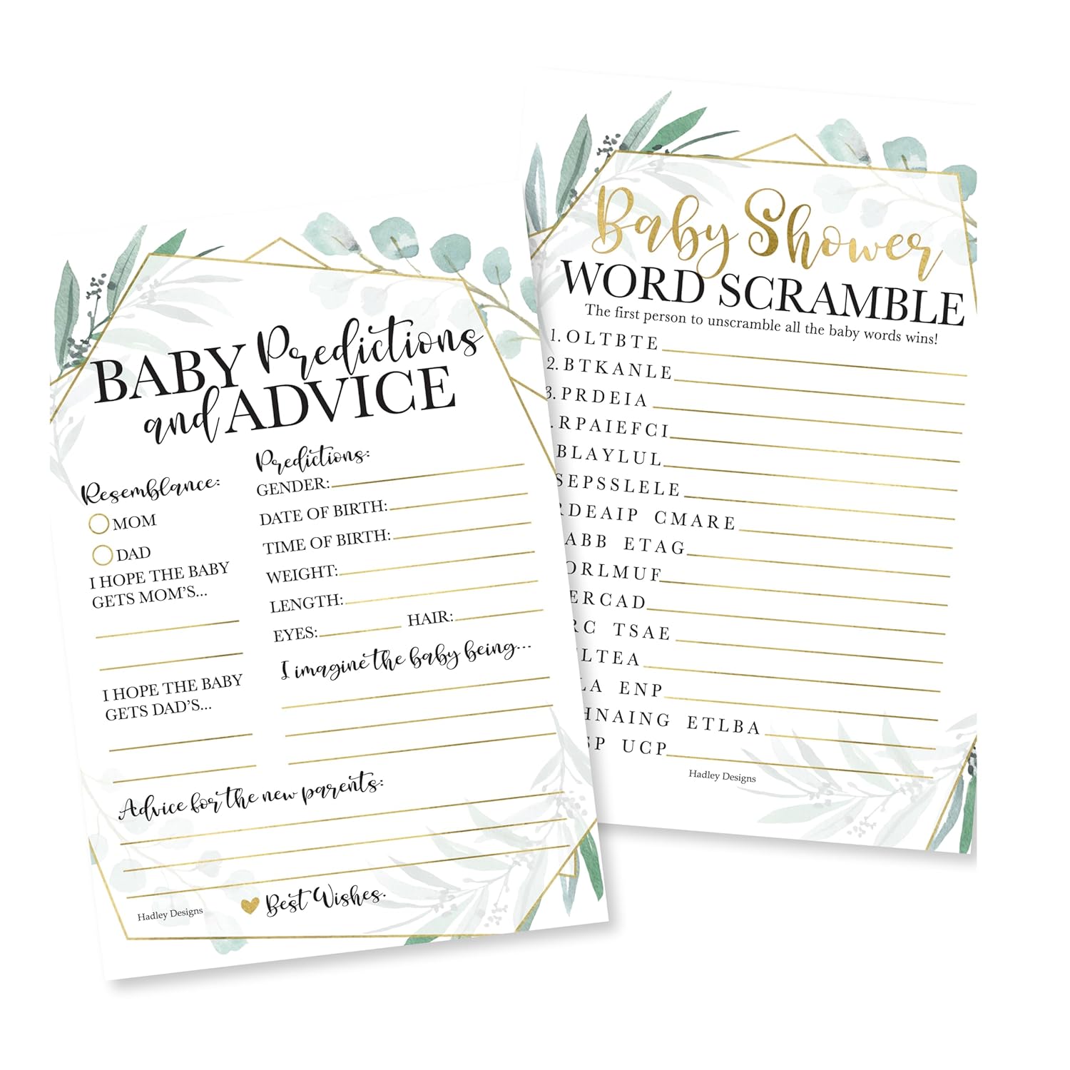 Baby Shower Games For 50 Guests - Predictions & Advice Cards For New Parents, Word Scramble Baby Shower Game, Greenery Babyshower Games For Girl Boy Gender Neutral, Designed In Usa