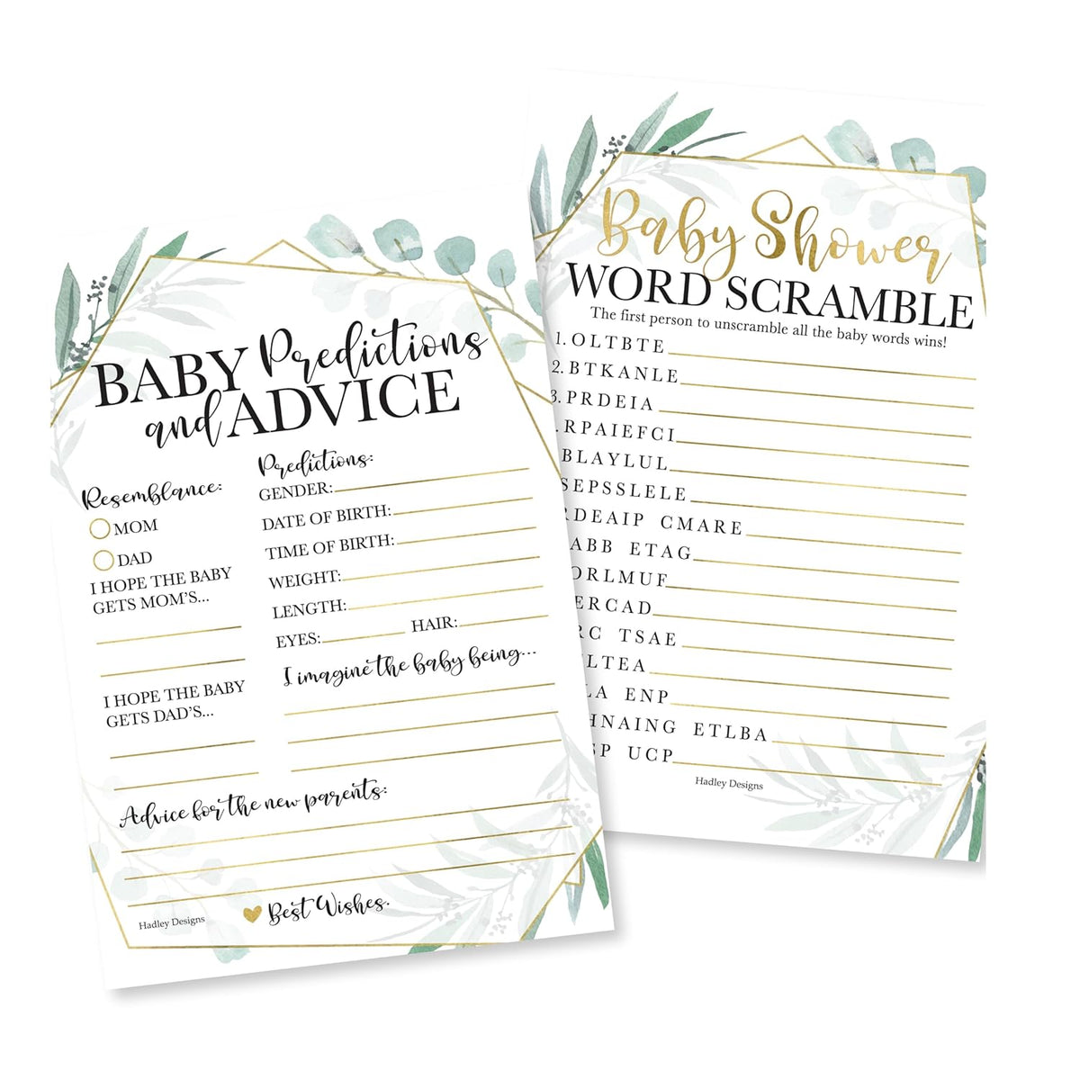Baby Shower Games For 50 Guests - Predictions & Advice Cards For New Parents, Word Scramble Baby Shower Game, Greenery Babyshower Games For Girl Boy Gender Neutral, Designed In Usa