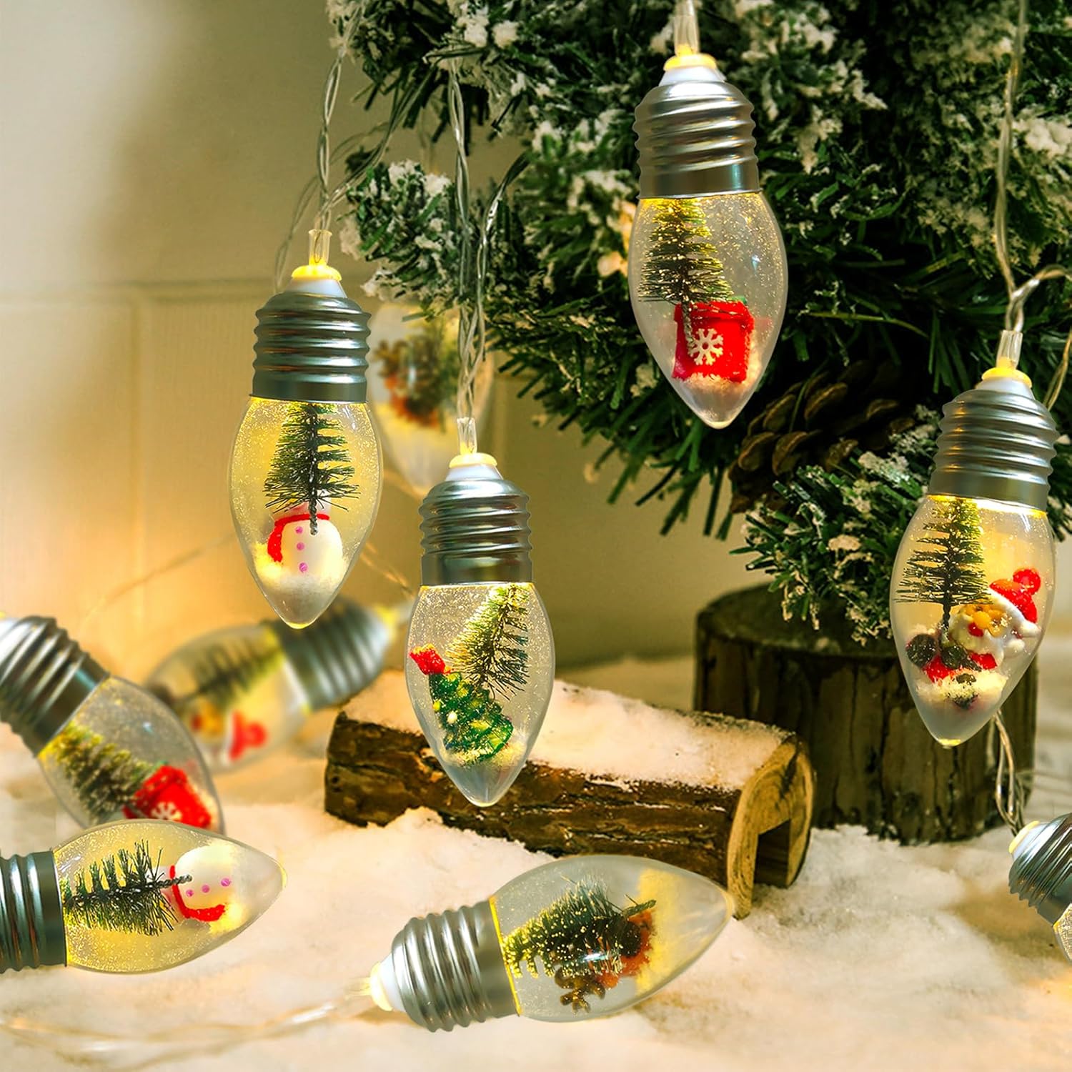 Christmas Lights Battery Operated 6.8Ft Led Christmas Tree Snow Globe Lights 10 Vintage Bulbs String Light For Indoor Ou