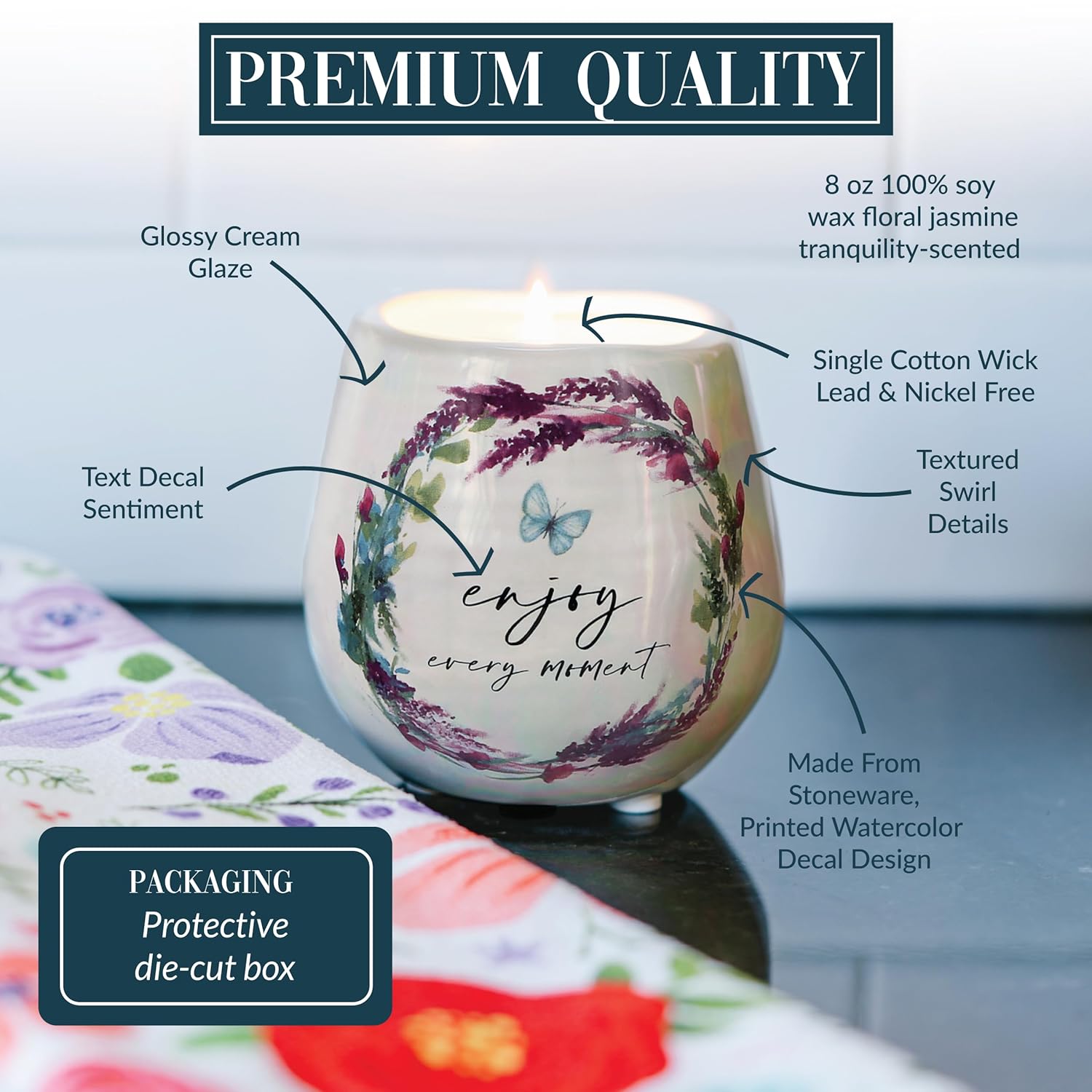 Pavilion Gift Company - Enjoy Every Moment - 8-Ounce Ceramic Candle, Jasmine Scented Candle, Appreciation Gifts for Women, Thinking of You Gifts for Women, 1 Count, Cream