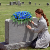 Artificial Cemetery Flowers, Memorial Rose Flowers Saddle, Outdoor Grave Saddle For Headstone Tombstone Decorations (Blue)