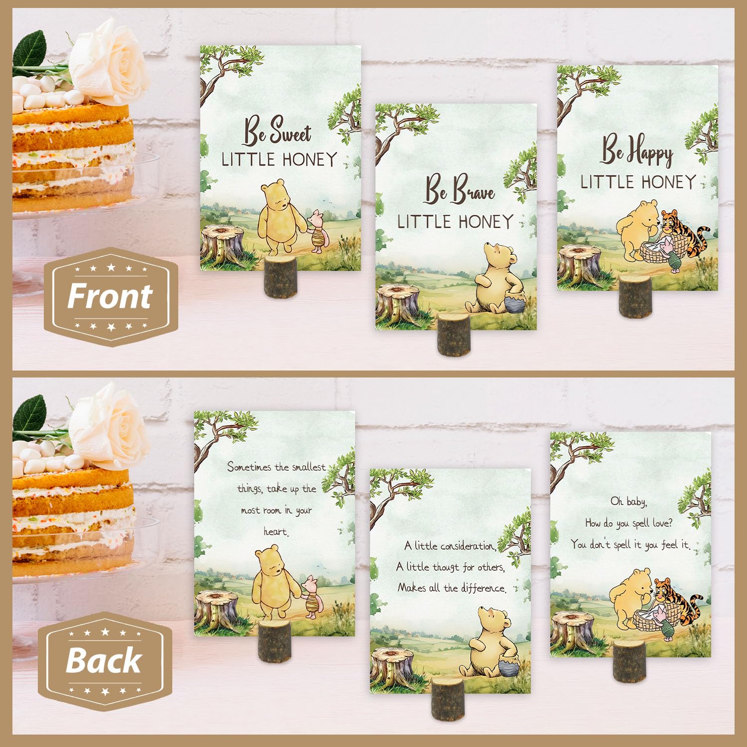 8Pcs Winnie Quotes Party Cards With Wooden Stands, Classic Pooh Baby Shower Decor, Winnie Baby Shower Centerpieces, Double Side Winnie Party Game Cards, Birthday Party Supplies, Nursery Decor Prints
