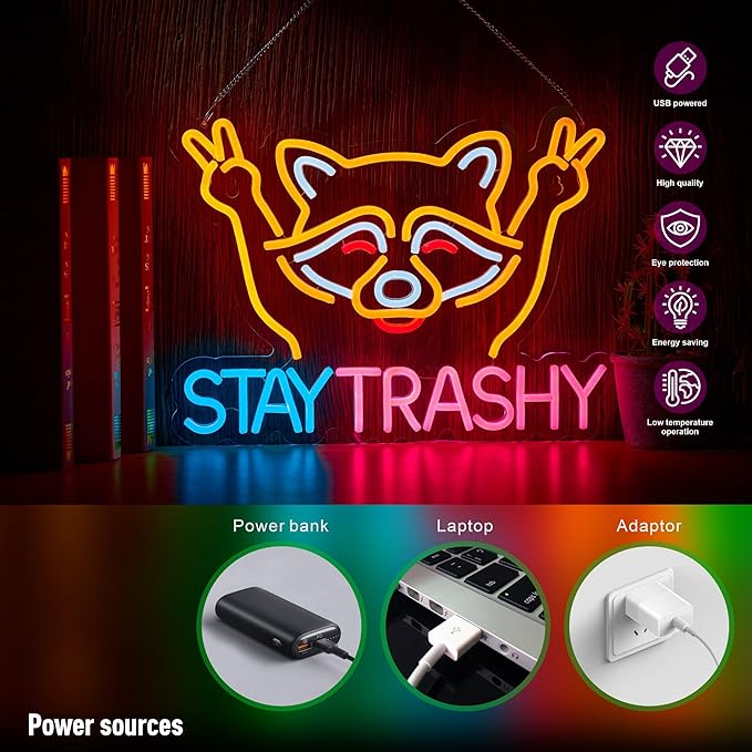 Stay Trashy Raccoon Neon Sign USB Dimmable LED Wall Light for Bar Man Cave Decor