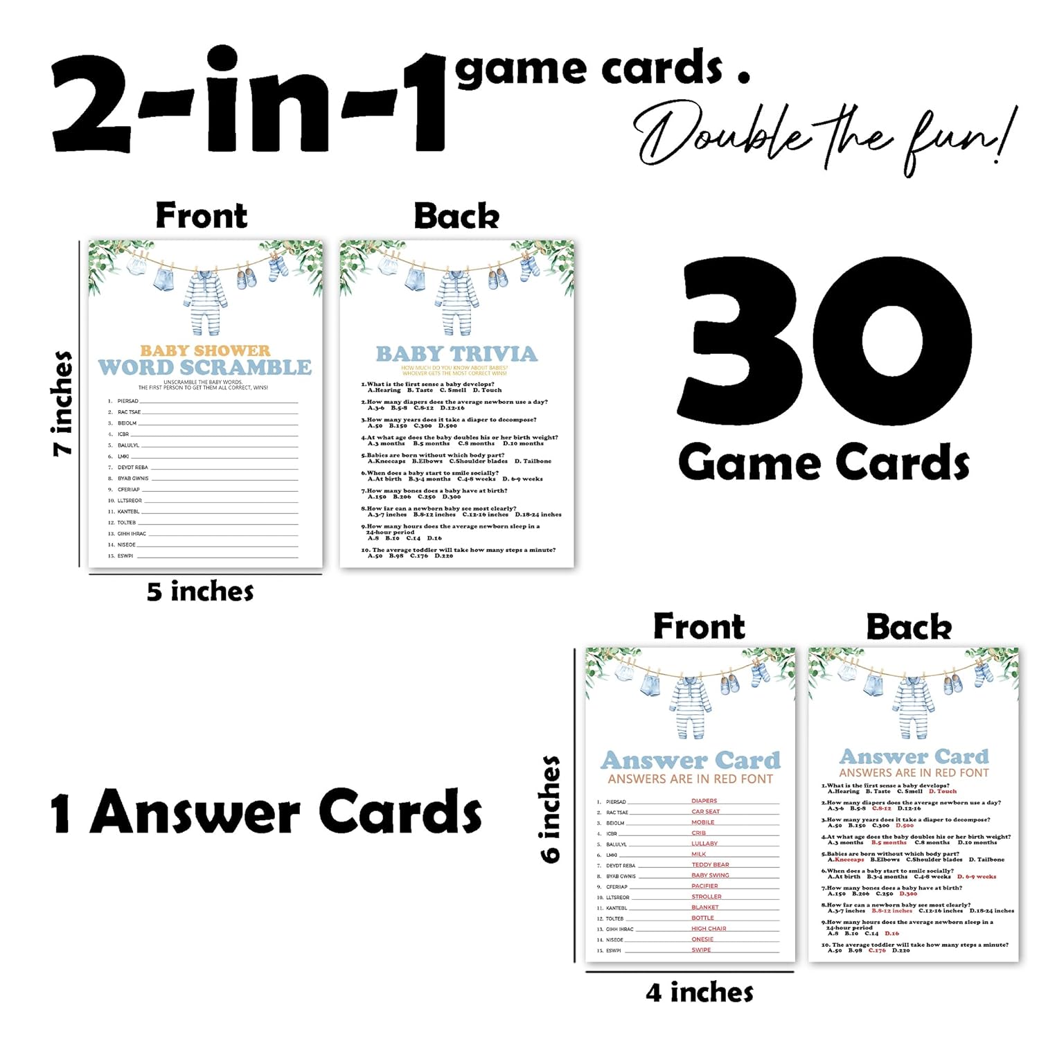 Word Scramble & Baby Trivia Theme Baby Shower Games Activity-Baby Clothes Game Cards For Boys-30 Greenery Game Cards(5”X7”) & 1 Answer Card(4”X6”)-Baby Shower Party Supplies & Favors-A06