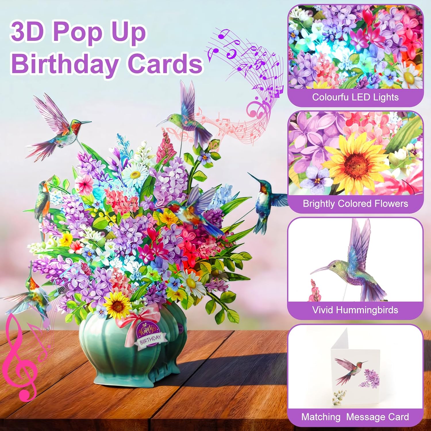 Birthday Cards, Light And Music Happy Birthday Card, Hummingbird Oasis, 10 Inch Life Sized Forever Flower Bouquet, 3D Pop Up Birthday Gift Card For Women Wife Mom Daughter Sister (Blank Notecard & Envelope)