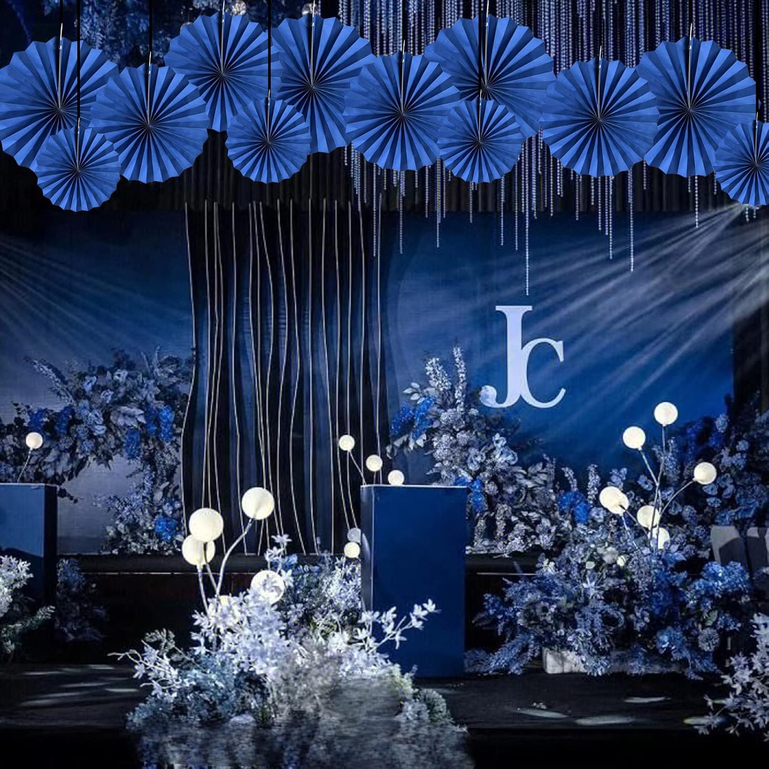 Blue Party Hanging Fans Diy Set - 12Pcs Paper Fans, Pinwheels, Craft For Wedding, Birthday, Christmas Party Decoration