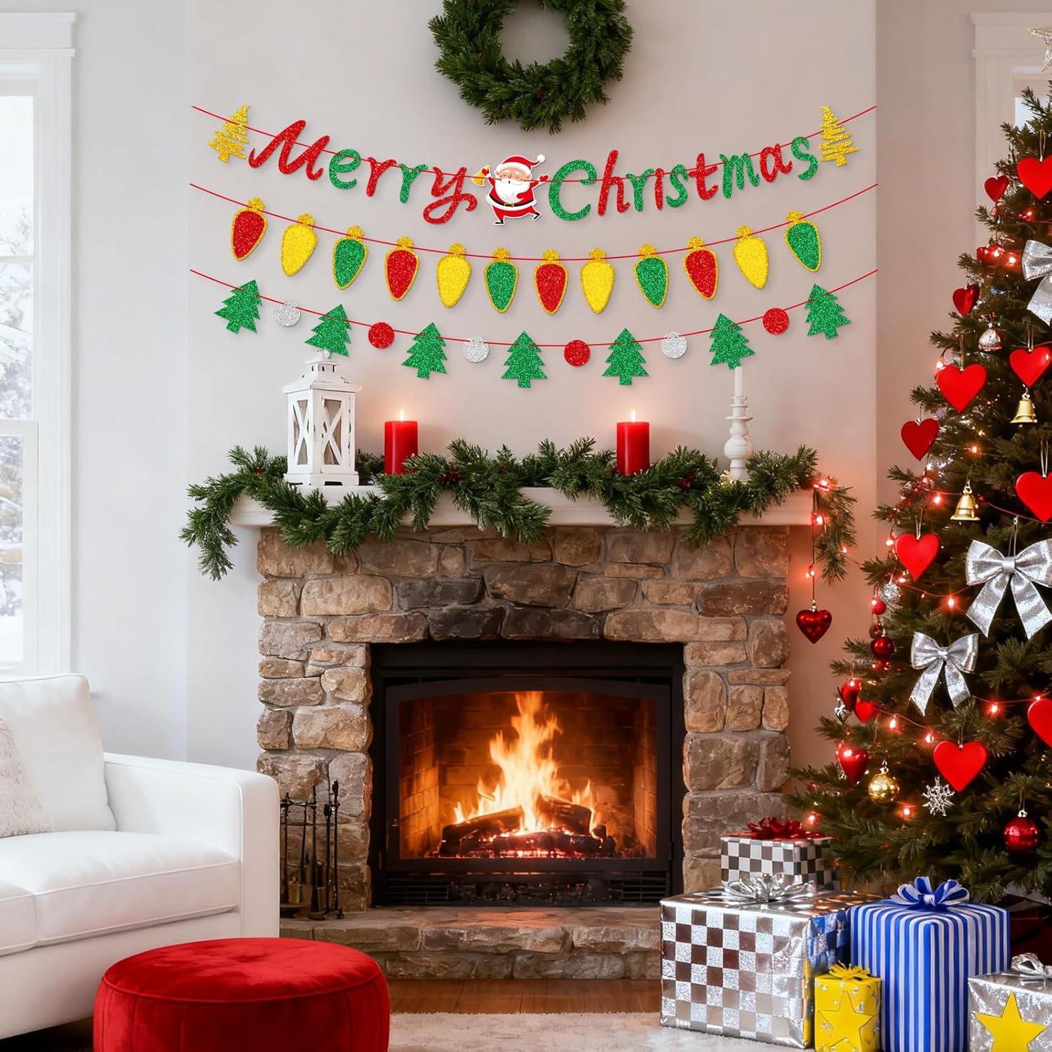 Merry Christmas Banner,Glitter Pre-Strung Red Green Gold Christmas Banner,Xmas Tree Garland For Christmas Party Decorations Supplies,Holiday Decor,Indoor,Outdoor,Home,Office, Classroom,Fireplace,Wall