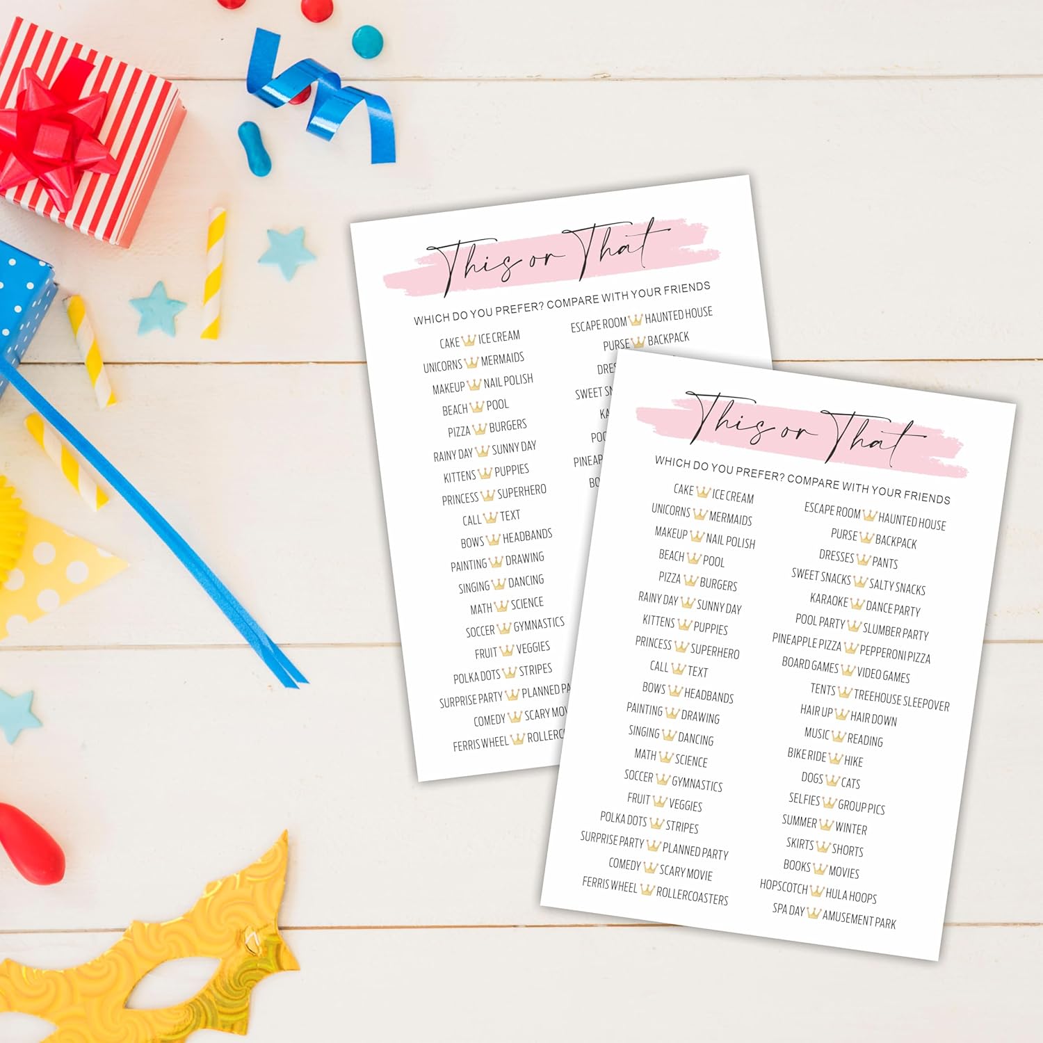 Minimalism Birthday Game Cards - This Or That - 20 Blush Double-Sided Fill In Style Birthday Party Game Cards For Girls, Friends Compare, Party Favor & Activities - A03