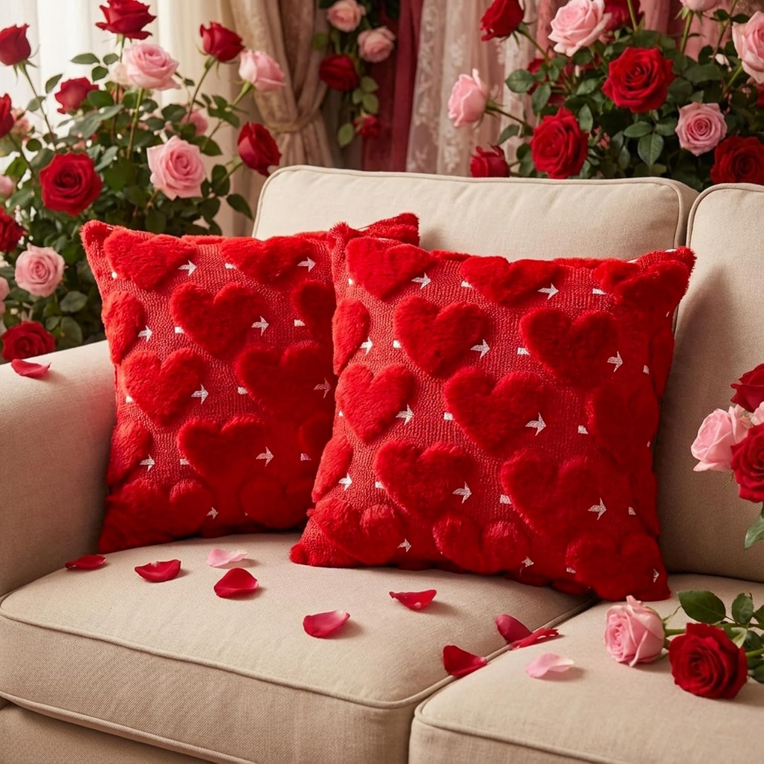 2 Pack Plush Faux Fur Valentines Day Pillow Covers 3D Embroidered Heart Pillow Covers For Decorations Gifts(16×16 In)