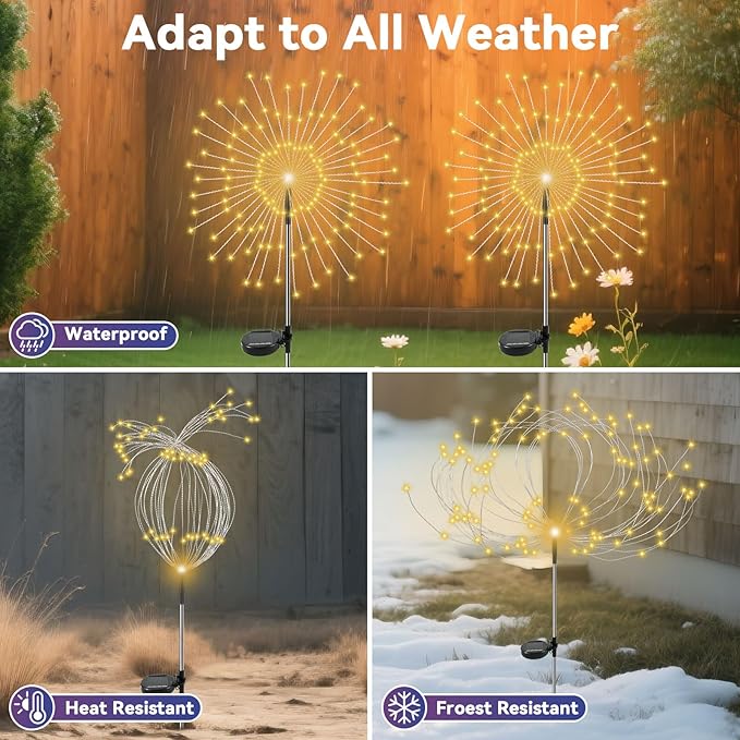 2 Pack 120 LED Solar Firework Garden Lights Outdoor Waterproof Decorative Fairy Lights Warm White for Yard Patio Pathway Flowerbed Party Wedding Decor