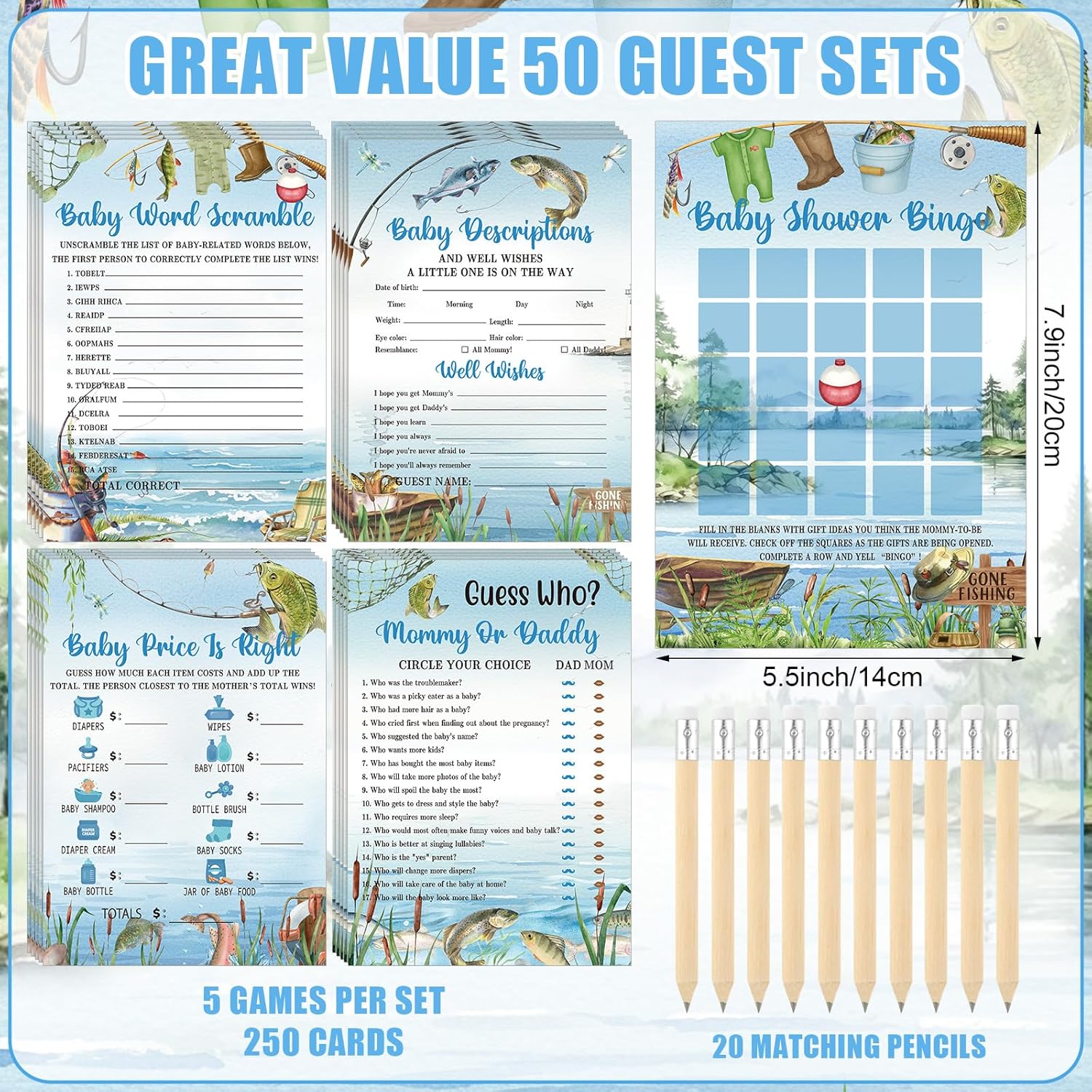321 Pcs Fishing Don'T Say Baby Shower Game Supplies For Boys Include 50 Activity Cards 1 Don'T Say Baby Sign 50 Clothespins 20 Pencils For Price Is Right Prediction Bingo Game Party Decor
