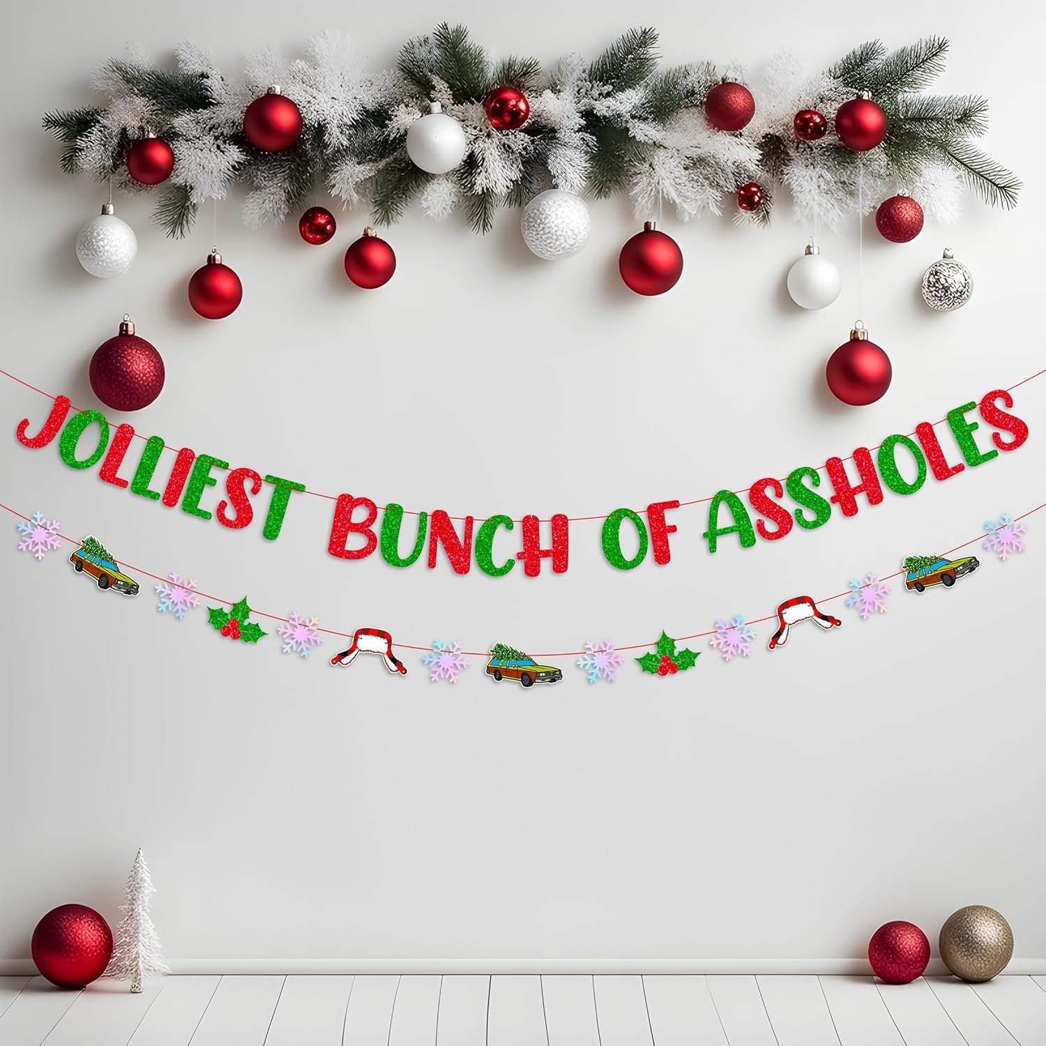 Jolliest Bunch Of Assholes Funny Christmas Banner And Snowflake Garland Banner For Merry Christmas Holiday Decoration