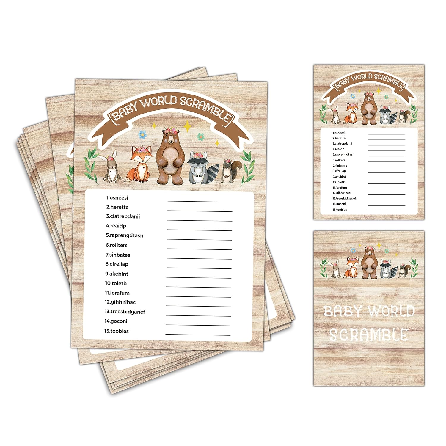 Baby Shower Games For Boys Or Girls - Baby World Scramble Woodland Baby Shower Game - Safari Jungle Gender Reveal Party/Baby Bump Party Supplies Activities - Pack Of 30 Game Cards(C01)