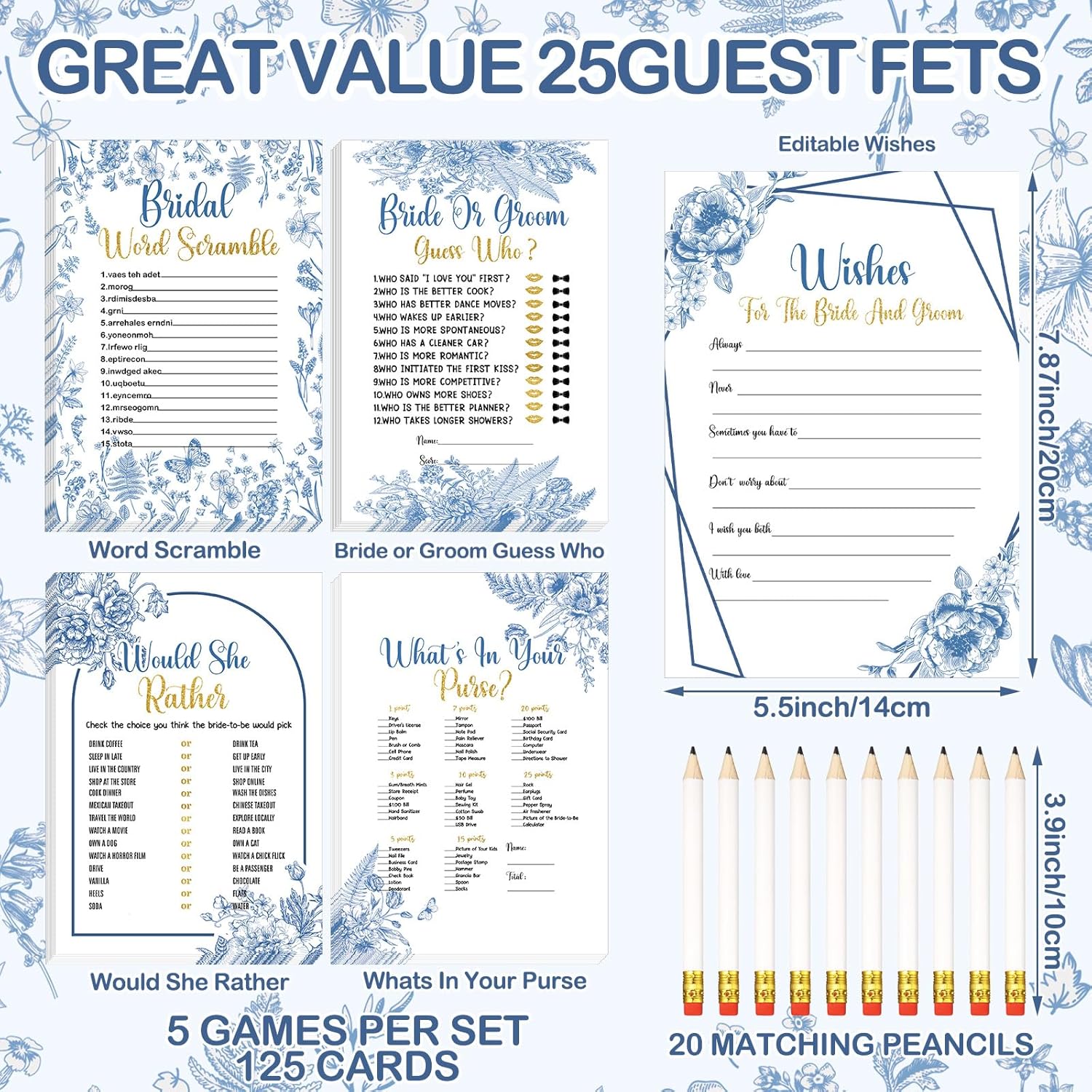145 Pieces Bridal Shower Game Bridal Shower Favors Set Wedding Games Cards And Pencils For Bride Groom Bachelorette Party Wedding Party Favor (Blue Floral Style)