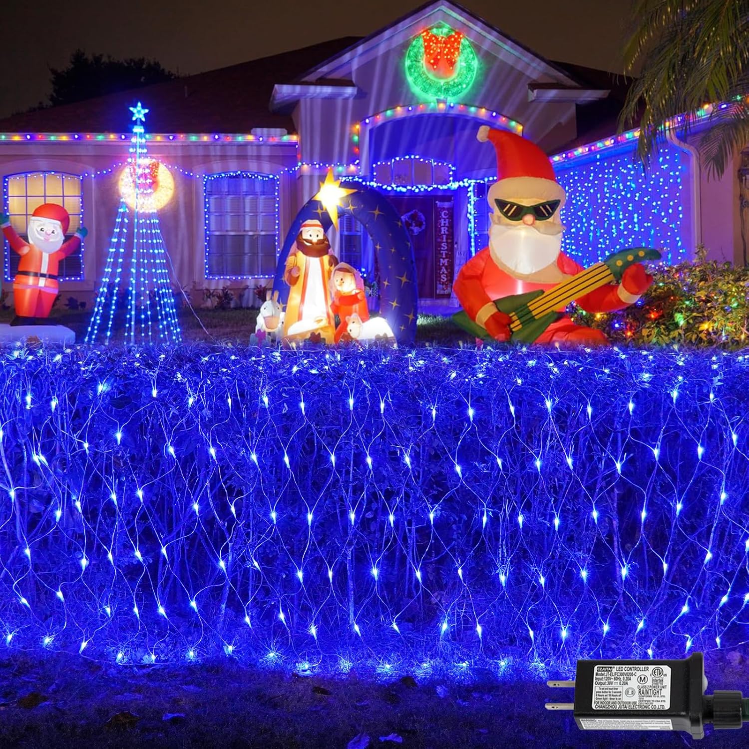 Net Lights Outdoor Mesh Lights, 12Ft X 5Ft 360 Led Blue Christmas Light Outdoor Waterproof, 8 Modes Connectable Clear Wi