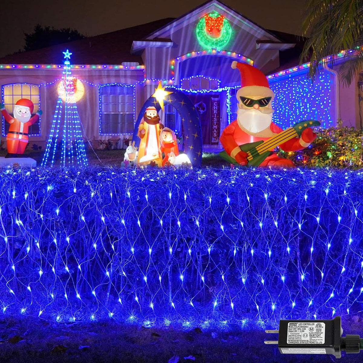 Net Lights Outdoor Mesh Lights, 12Ft X 5Ft 360 Led Blue Christmas Light Outdoor Waterproof, 8 Modes Connectable Clear Wi