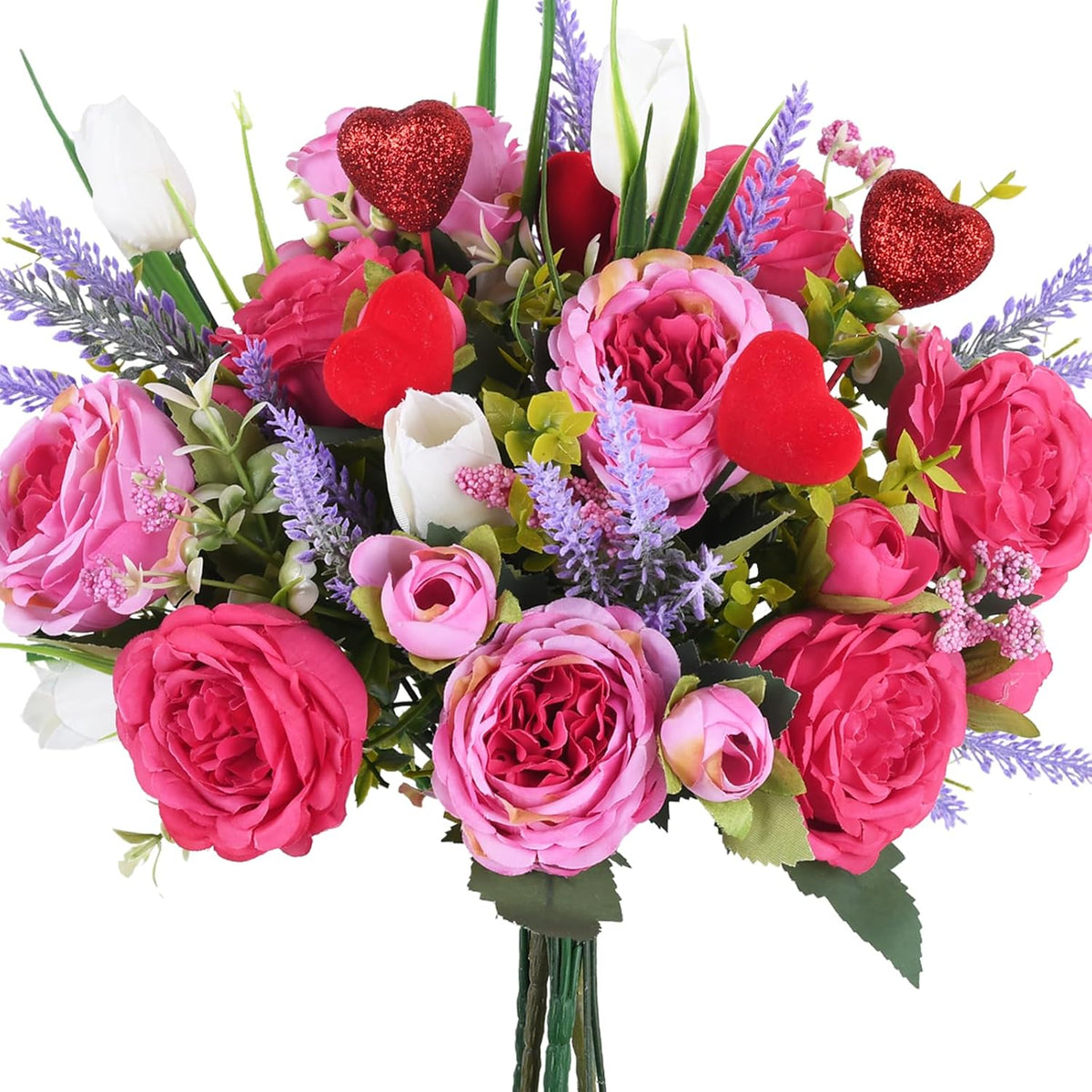 Valentines Day Artificial Flowers Pink Peony Flower Bouquet With White Tulips Spring Floral Arrangement For Valentine’S Day Wedding Party Table Centerpieces Home Decor (12.5")