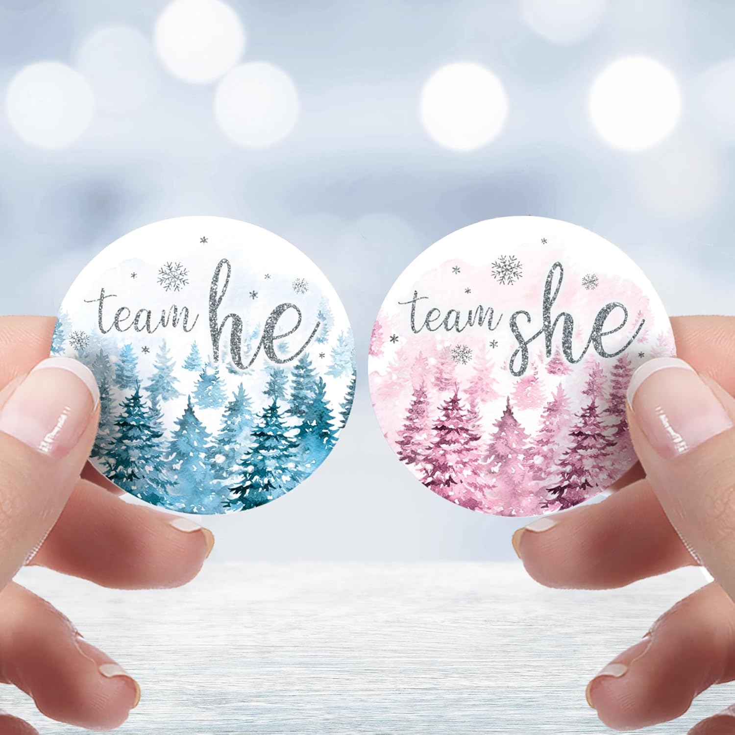 Baby It'S Cold Outside Gender Reveal, Winter Evergreen Trees Team He Or Team She Stickers - Pink Blue Snow Themed Party Decorations - 40 Count