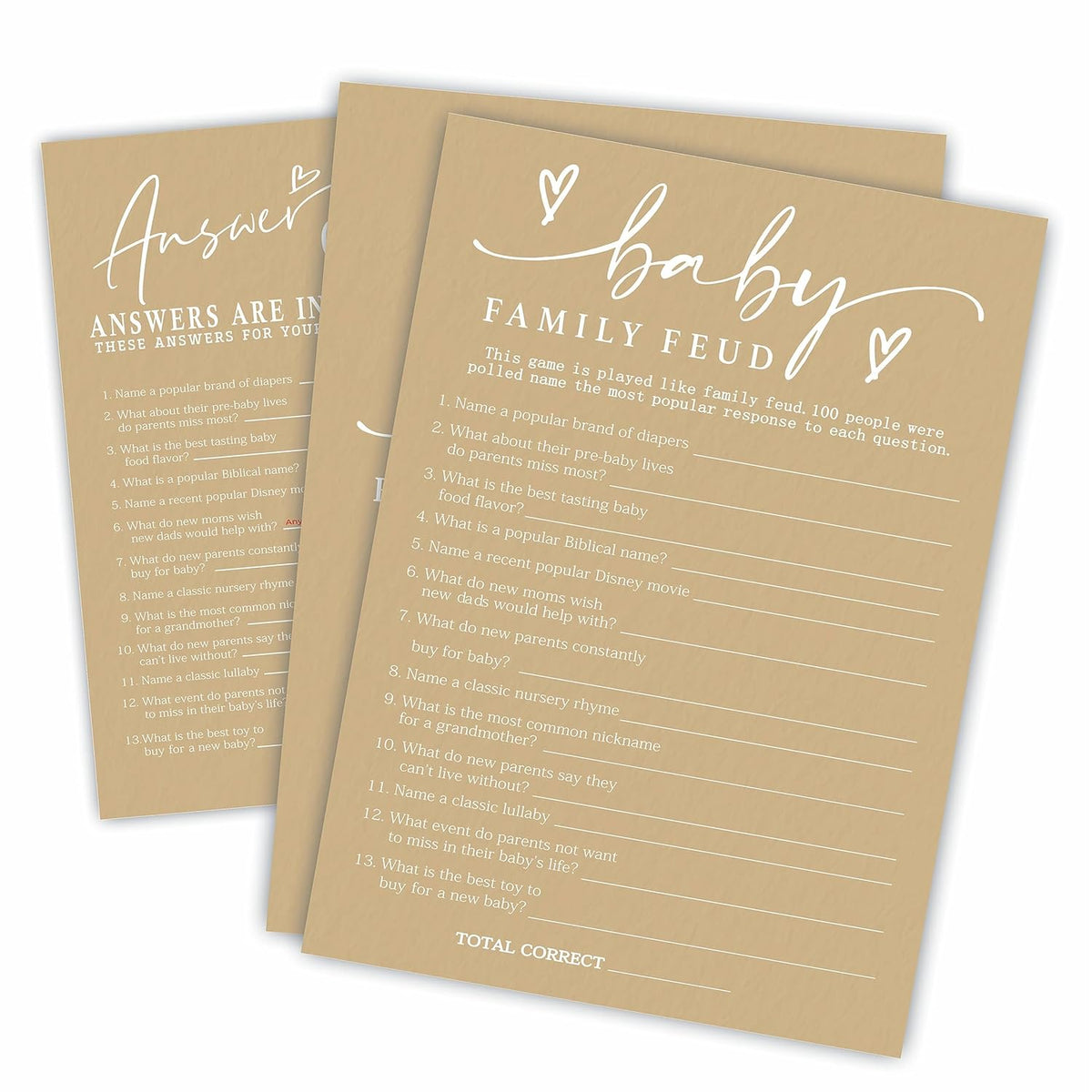 Family Feud Game Kit For Baby Shower - Minimalism Brown - 30 Fill In Game Cards & 1 Answer Card For Baby Shower, Funny Gender Reveal Party Favor, Activity & Supplies - D05