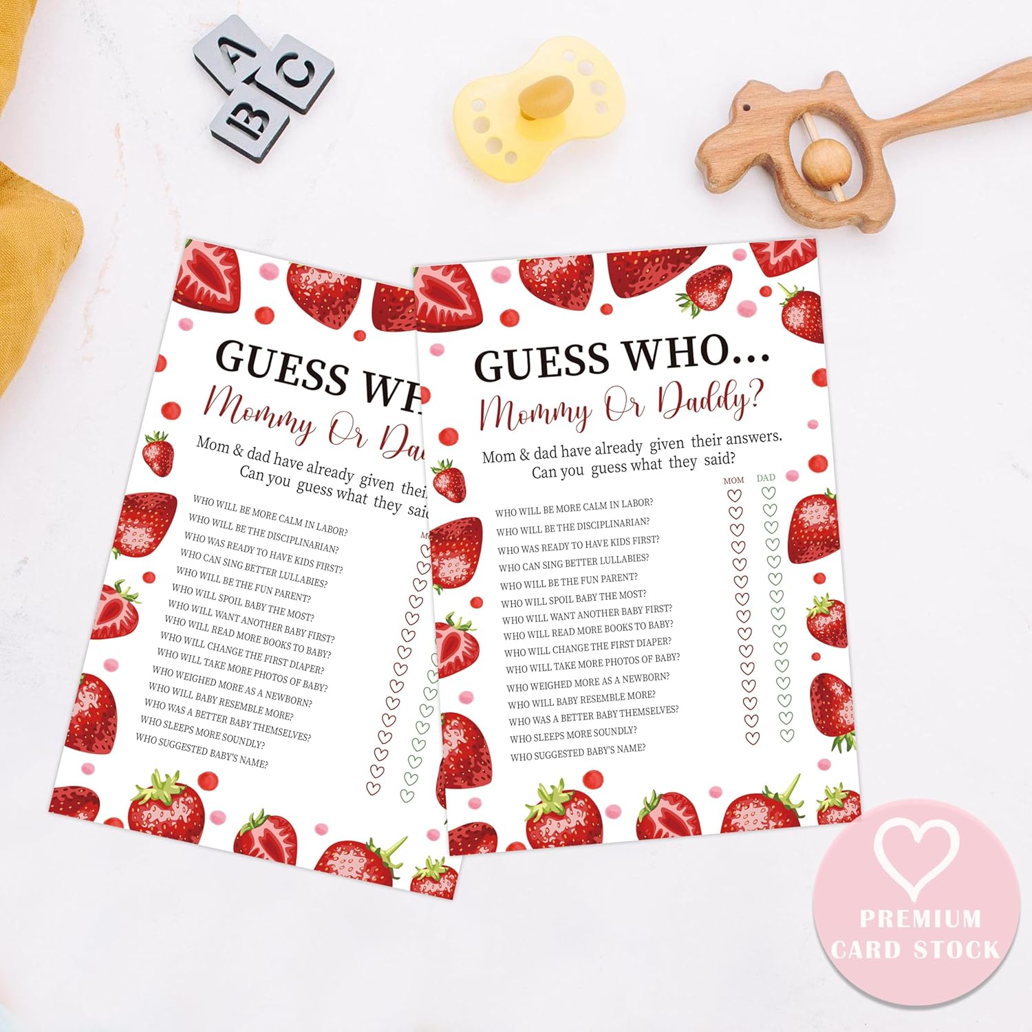 Strawberry Guess Who Mommy Or Daddy Game, Baby Shower Game, Pack Of 30 Game Cards, Gender Neutral Boy Or Girl, Fun Baby Game And Activity - Fa17