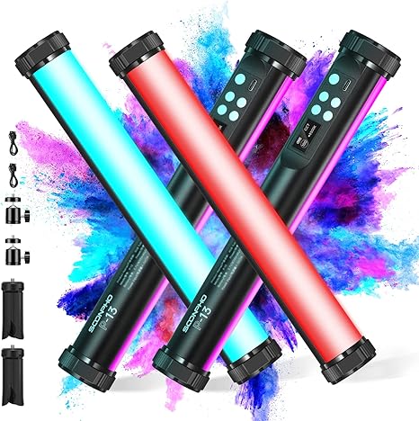 2 Pack RGB LED Video Light Sticks Magnetic 360 Full Color Rechargeable Tube Lights for YouTube Vlog