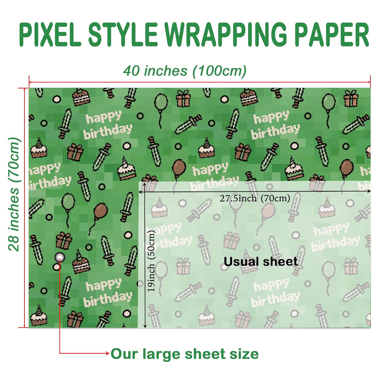 Pixel Style Birthday Wrapping Paper - 4 Jumbo Sheets, 28 * 40 Inches - Retro Video Game Gift Wrap With Happy Birthday, Perfect For Adults Boys Girls Birthday Party