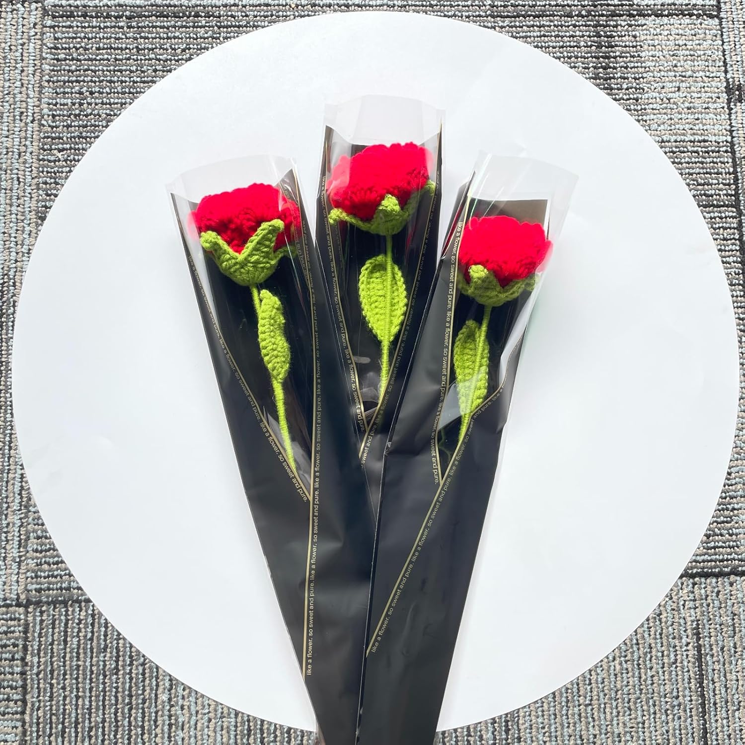 Crochet Flowers,3 Pcs Finished Handmade Red Roses, Knitted Artificial Flowers For Girl Gift Valentine'S Day Anniversary Wedding Mothers Day (Red)