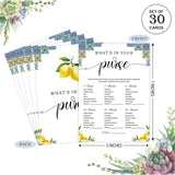 Blue Tiles And Lemons What'S In Your Purse Game For 30 Guests With Game Cards, Lemons Bridal Shower Game, Modern Bridal Shower Decorations, Wedding Shower Or Bachelorette Party Supplies - 02