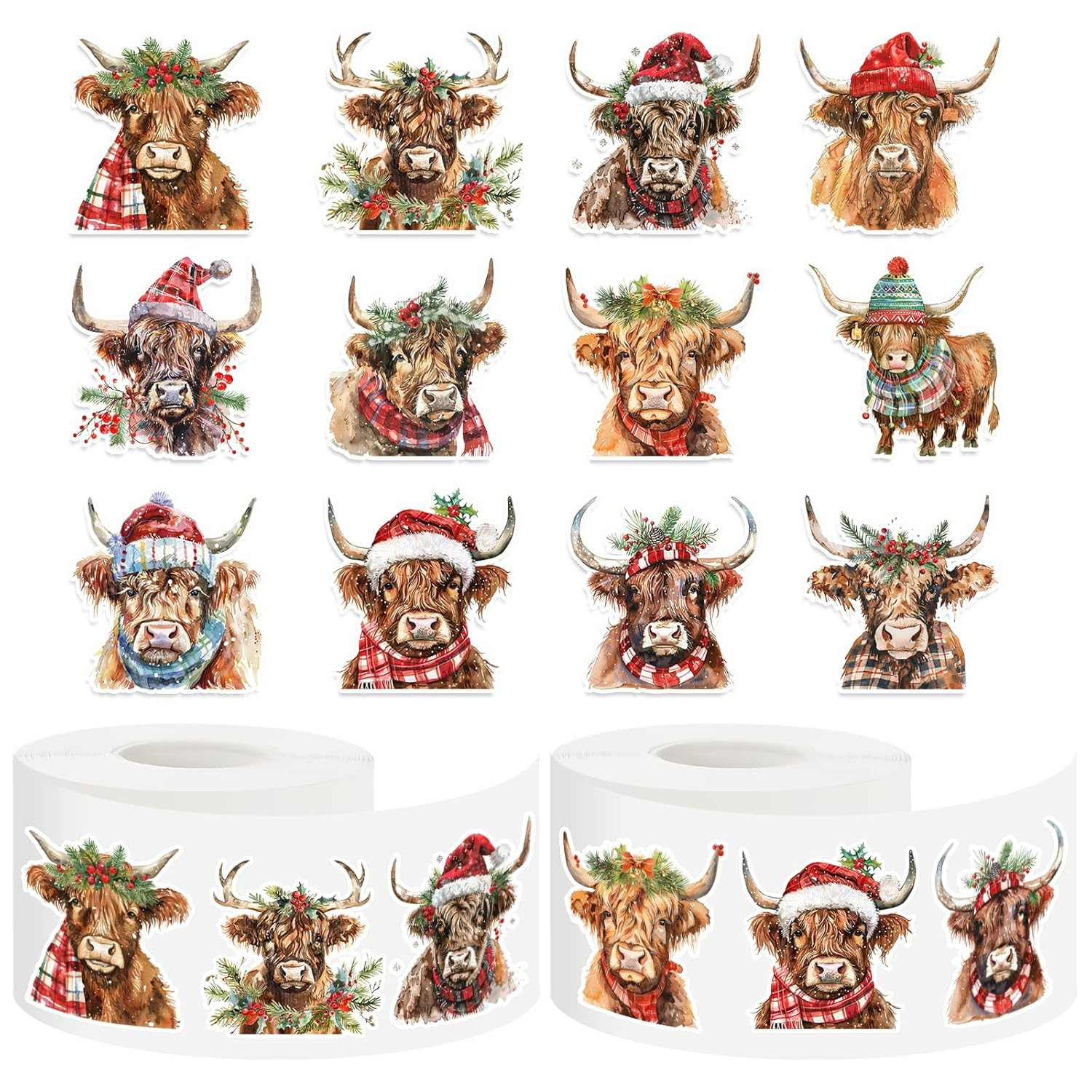 1000Pcs Christmas Highland Cow Roll Stickers Watercolor Rustic Cow Self-Adhesive Label Decals For Winter Xmas Seal Cards Envelopes, 2 Rolls, 12 Designs