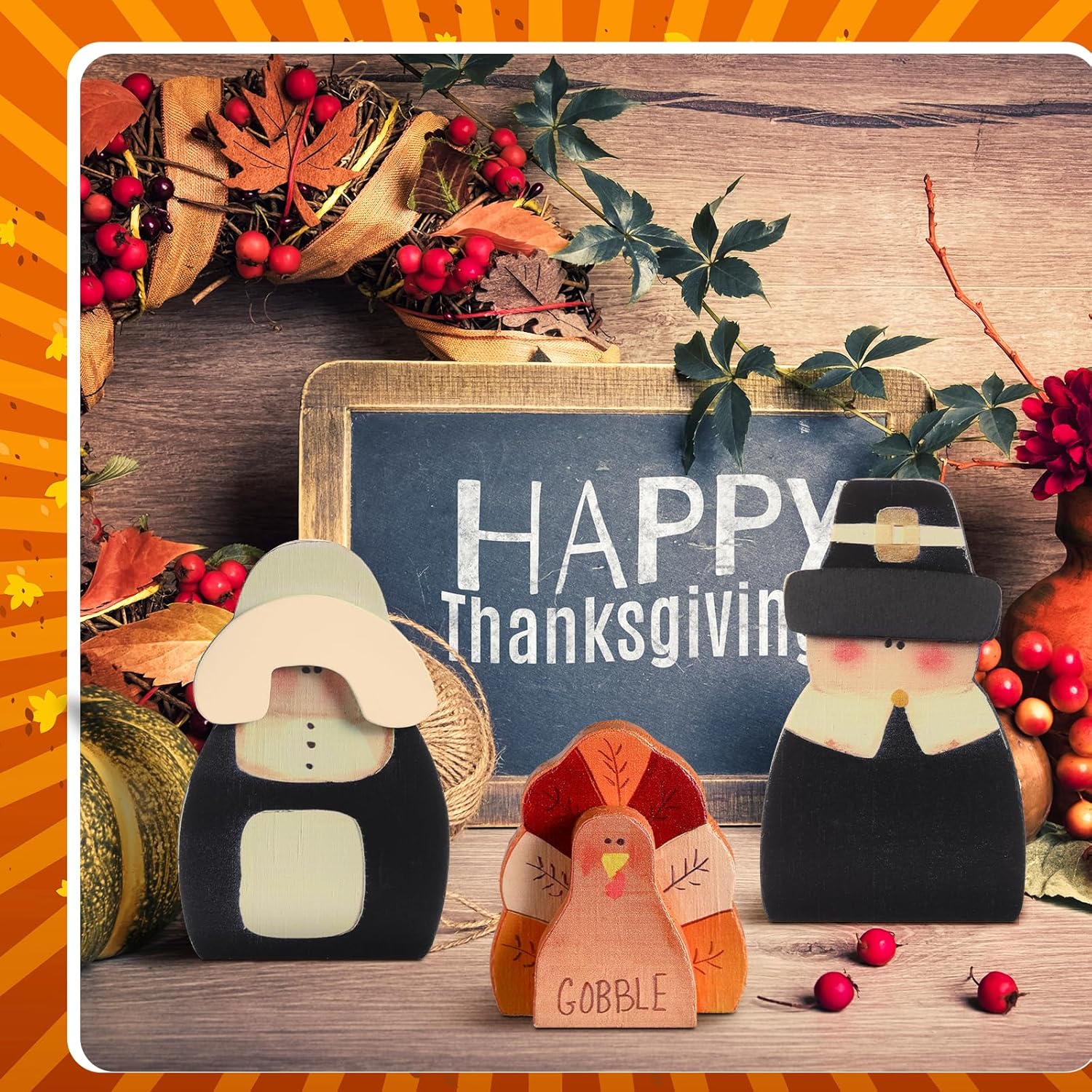 3 Pcs Fall Thanksgiving Decorations Fall Wooden Turkey Pilgrim Couple Table Sign Thanksgiving Standing Tabletop Decor For Autumn Harvest Indoor Tabletop(Turkey)