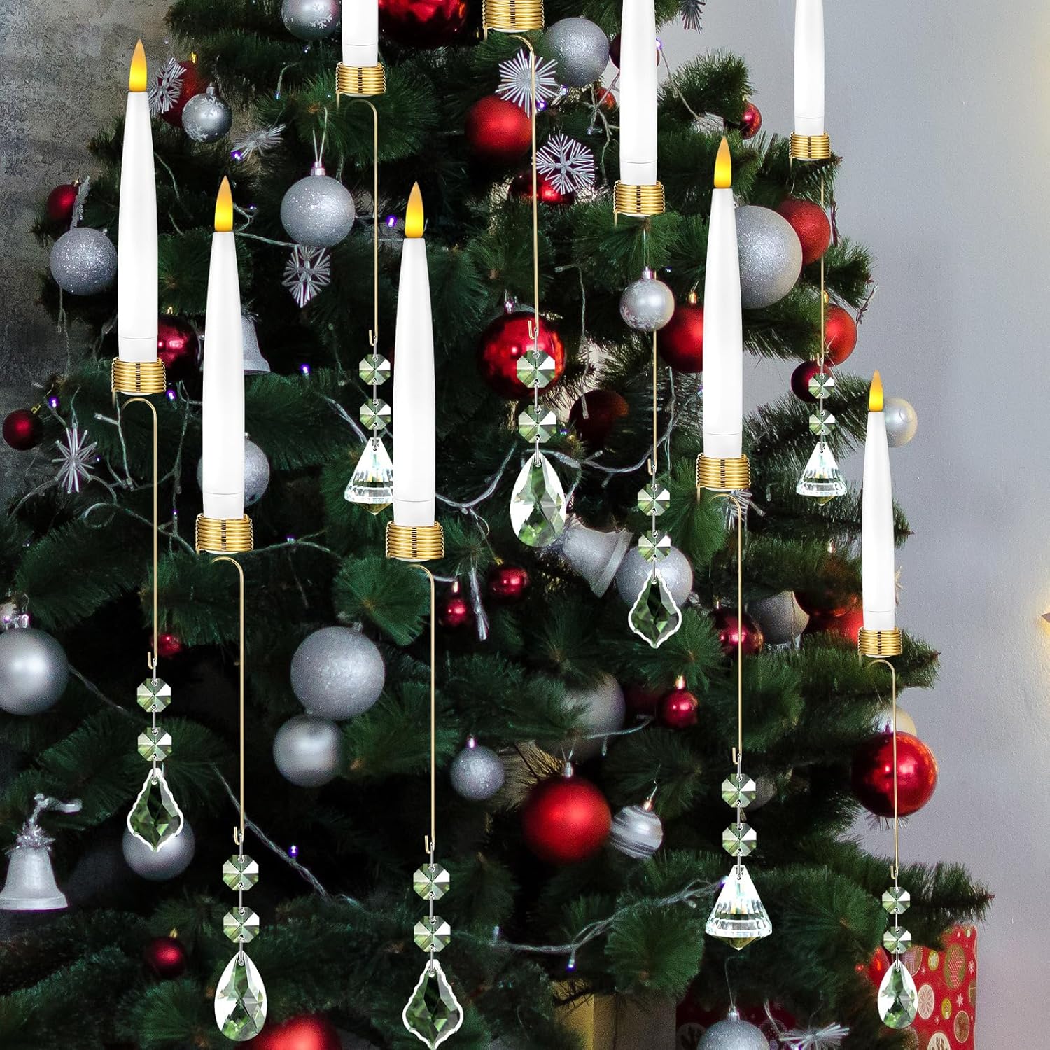 12 Sets Flameless Christmas Tree Candles With Hook Remote Timer Flameless Taper Led Candle For Christmas Tree Ornament Battery Operated Light Candlestick Xmas Wedding(No Battery) (Crystal)