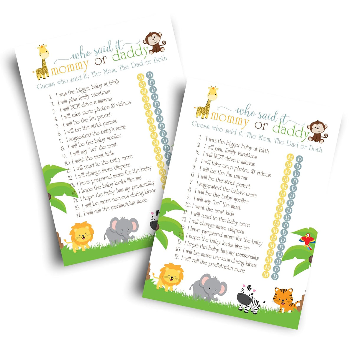 Cute Jungle Baby Shower Games - 25 Guess Who Mommy Or Daddy Game Cards - Fun Gender Reveal Guessing Activities For Guests - Safari Theme For Boy Or Girl