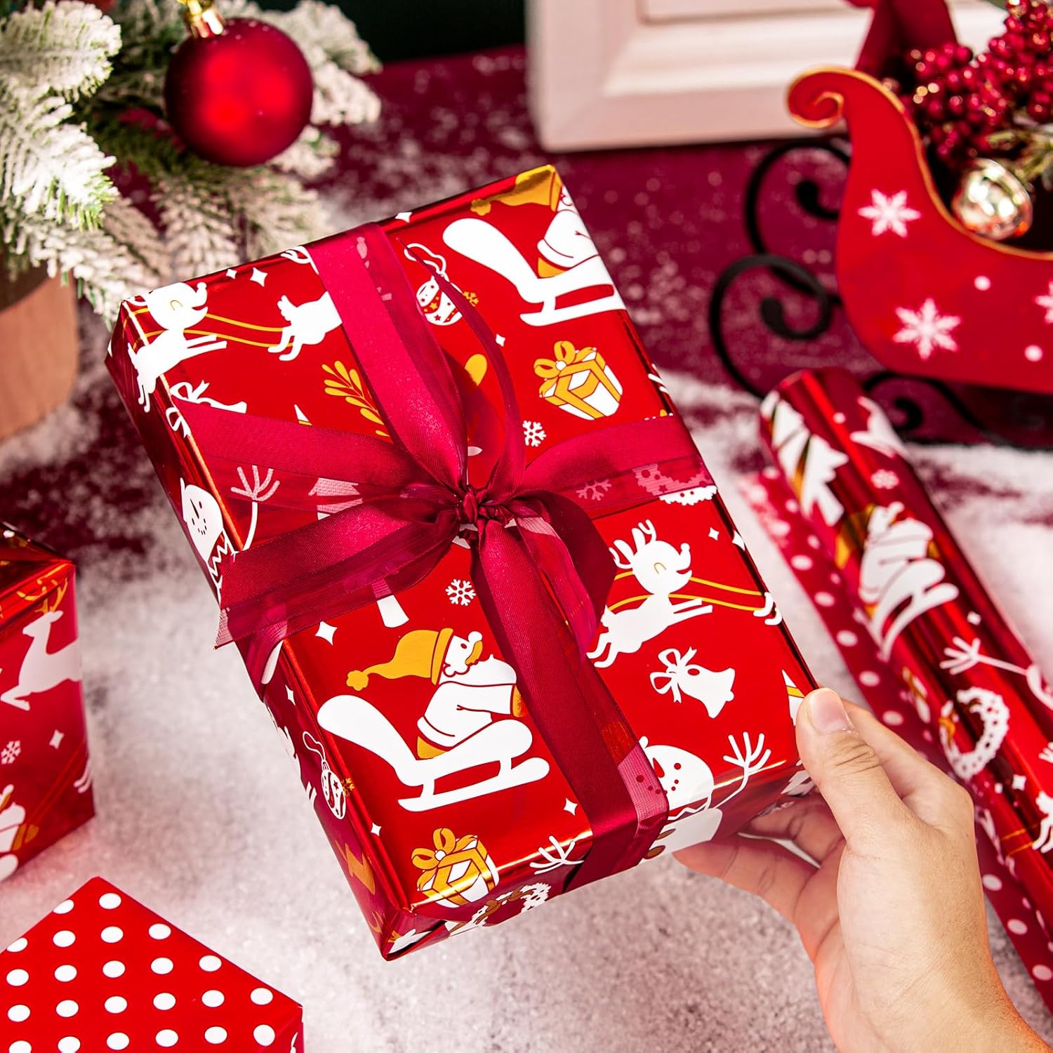 Reversible Christmas Wrapping Paper, Red Wrapping Paper, Metallic Foil Elegant Santa Sleigh, Snowman & Deer Design Christmas Gift Wrap For Holiday, New Year (Mini Roll, 17 Inch X 33 Feet)
